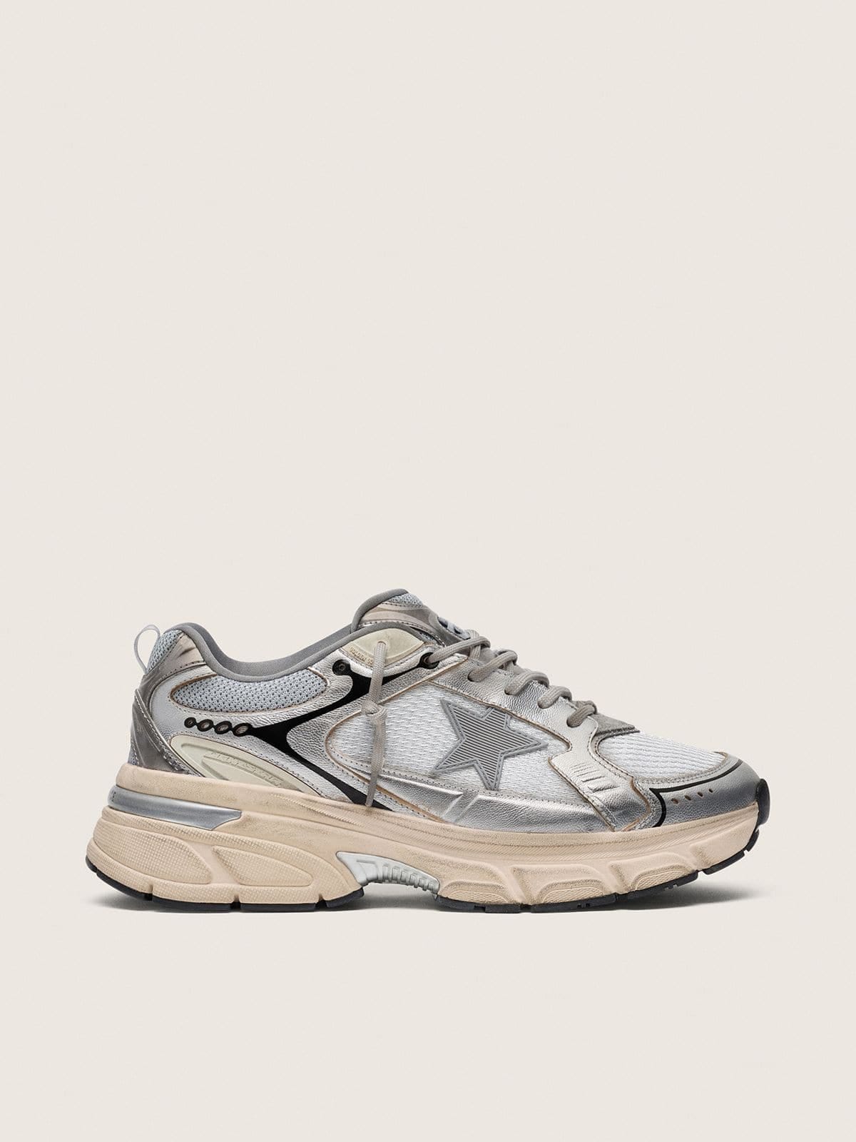 Golden Goose Mens Lightstar In Gray Mesh And Silver Nappa Leather With Gray Tpu Star Mens