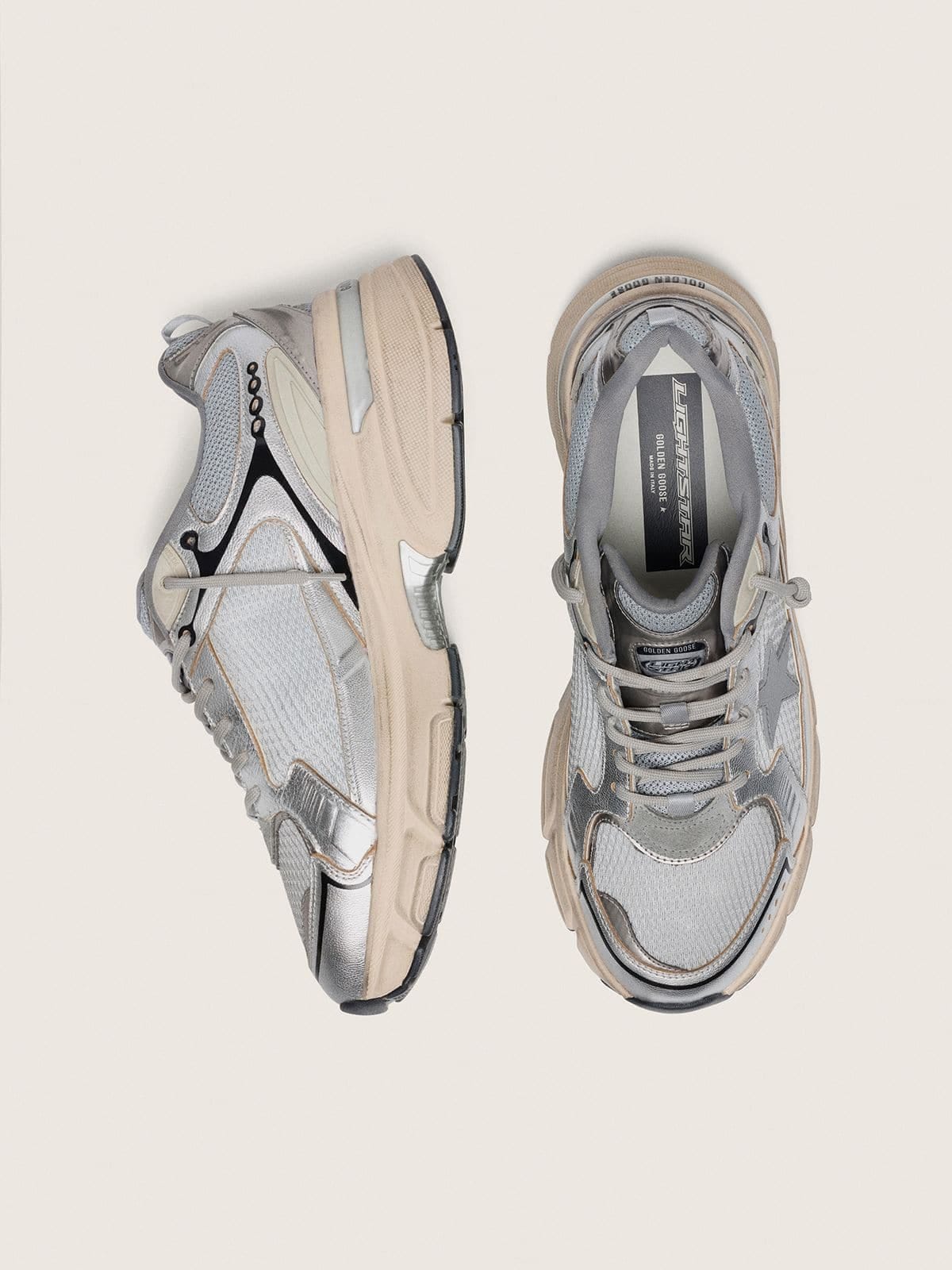 Golden Goose Mens Lightstar In Gray Mesh And Silver Nappa Leather With Gray Tpu Star Mens