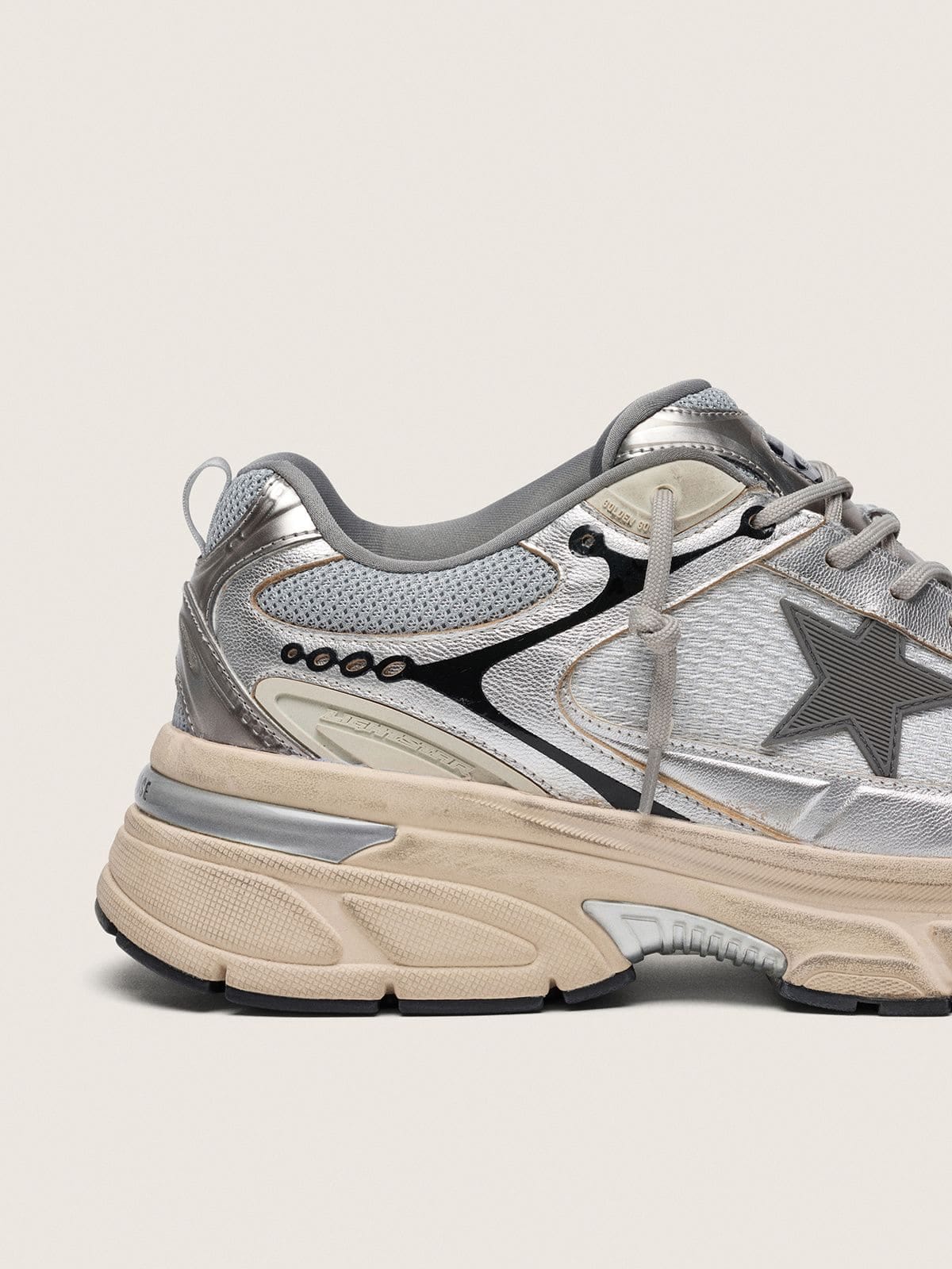 Golden Goose Mens Lightstar In Gray Mesh And Silver Nappa Leather With Gray Tpu Star Mens