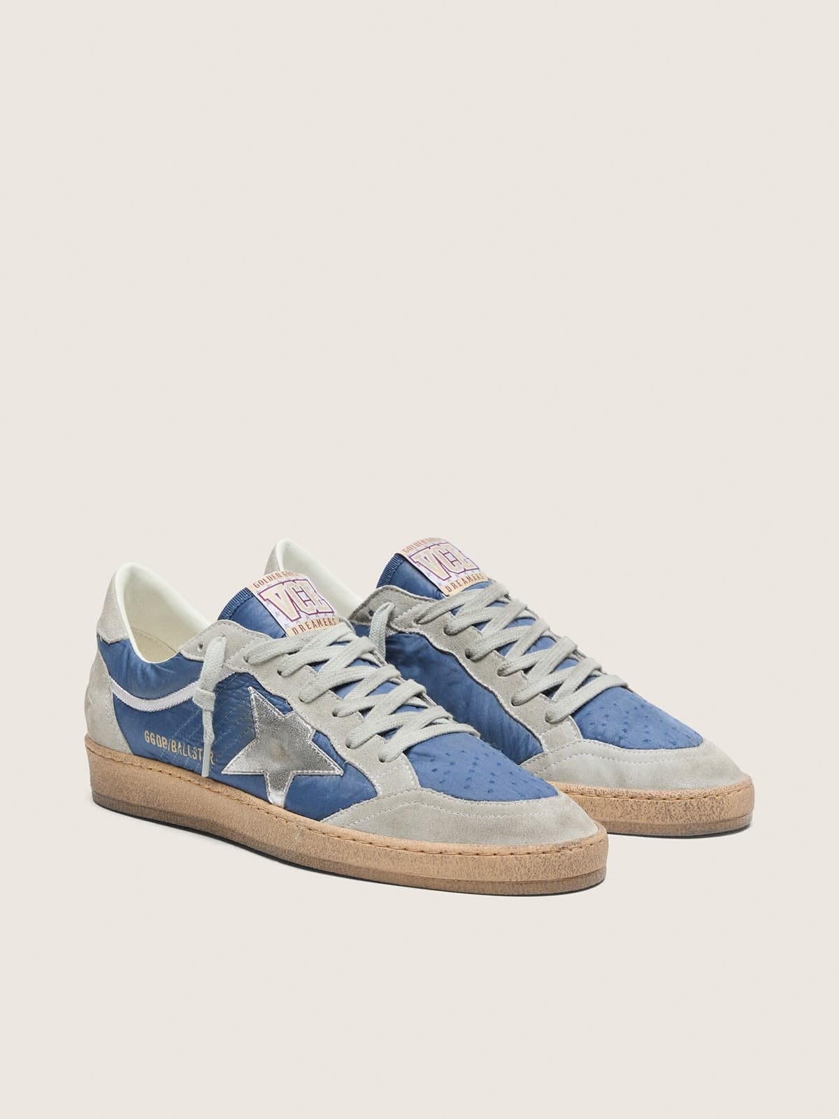 Golden Goose Mens Ball Star In Denim-Blue Nylon With Light Gray Suede Inserts And Metallic Silver Leather Star Mens