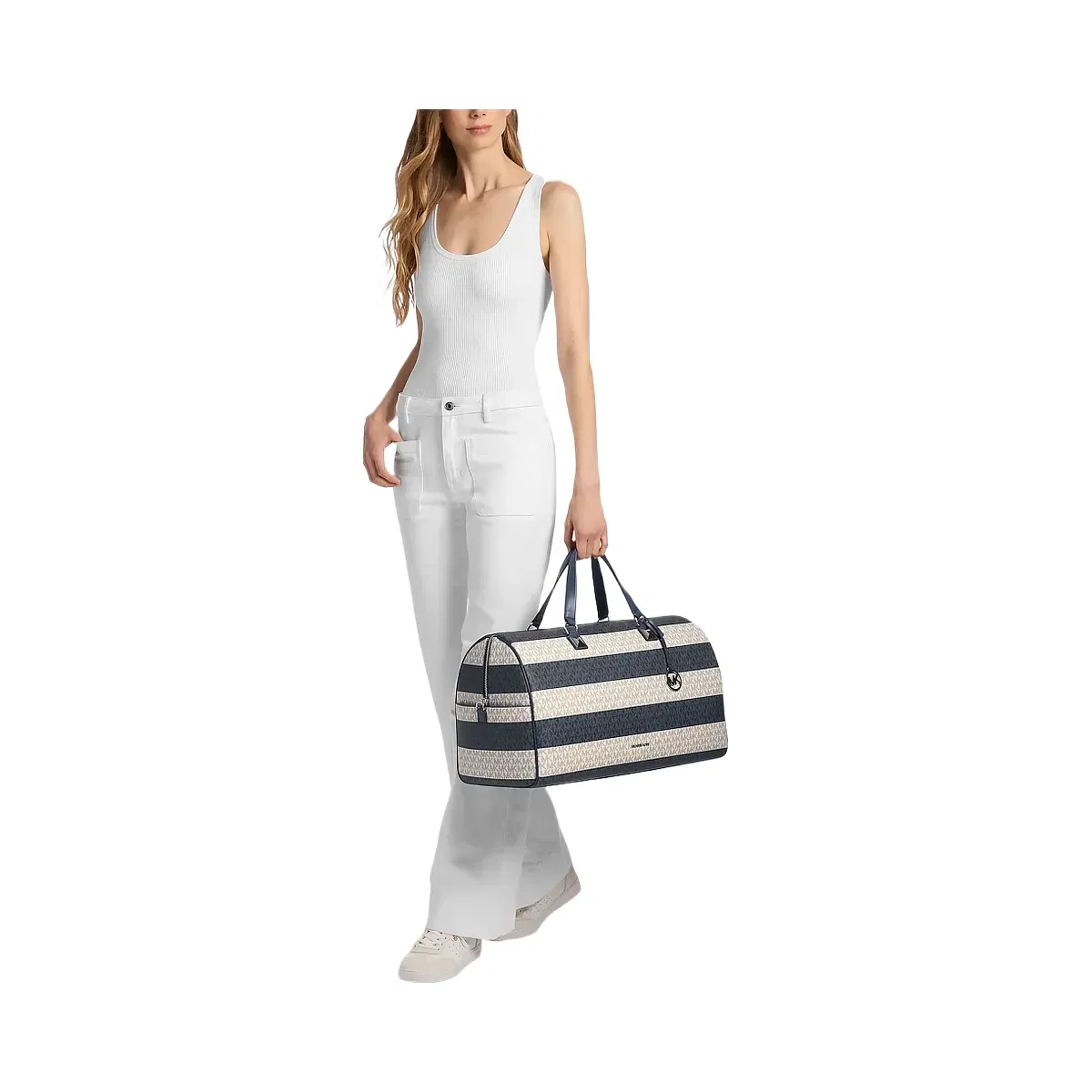 Michael Kors Grayson Extra-Large Striped Signature Logo Weekender Bag Navy