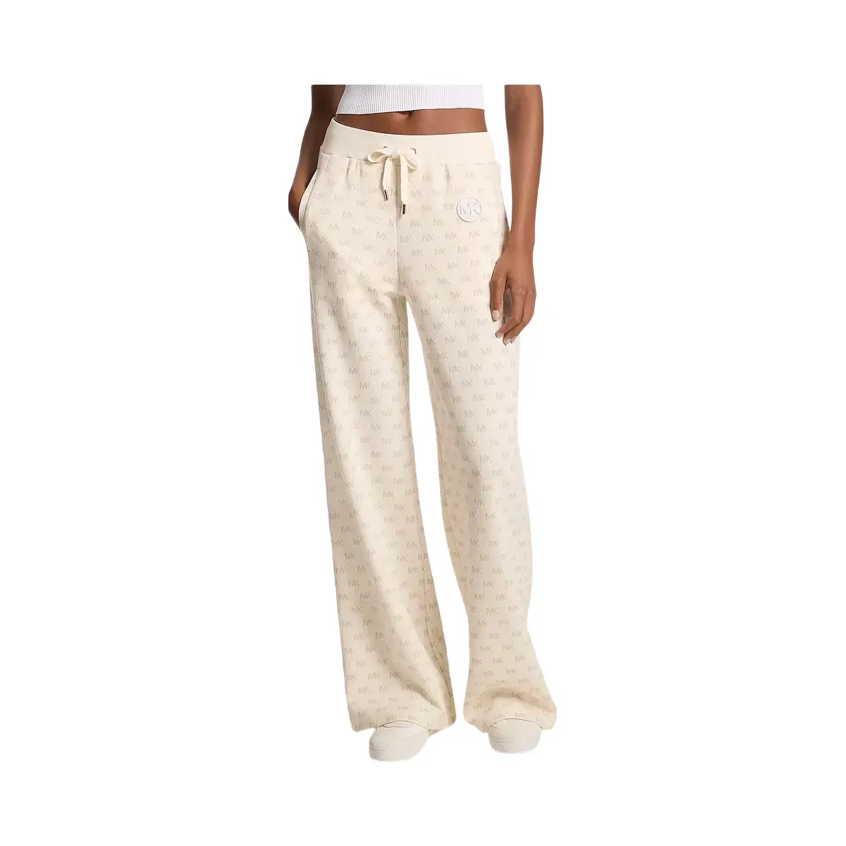 Michael Kors Logo Cotton Blend Knit Wide-Leg Pants Bone