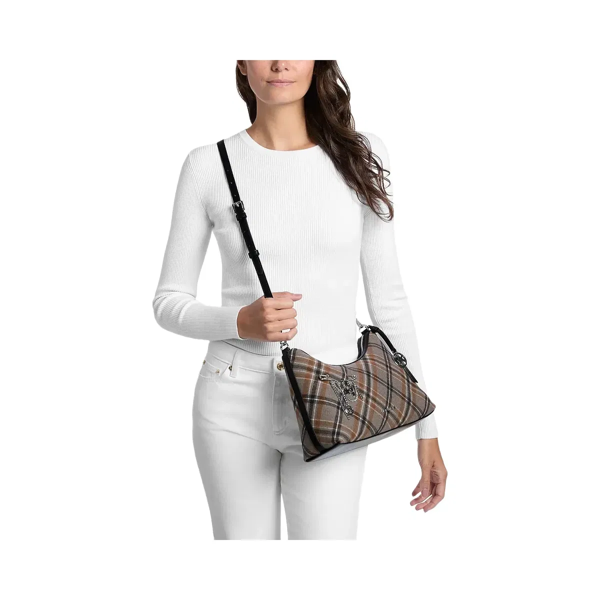 Michael Kors Sammy Medium Plaid Print Wool Blend Convertible Shoulder Bag Black
