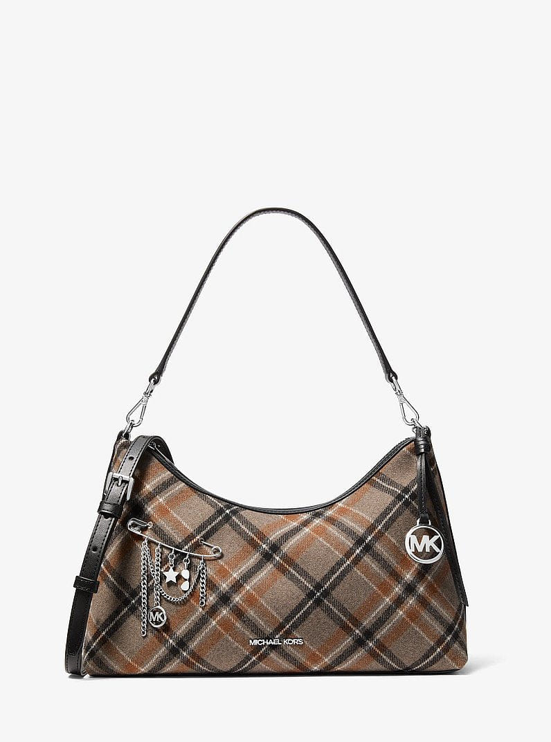 Michael Kors Sammy Medium Plaid Print Wool Blend Convertible Shoulder Bag Black