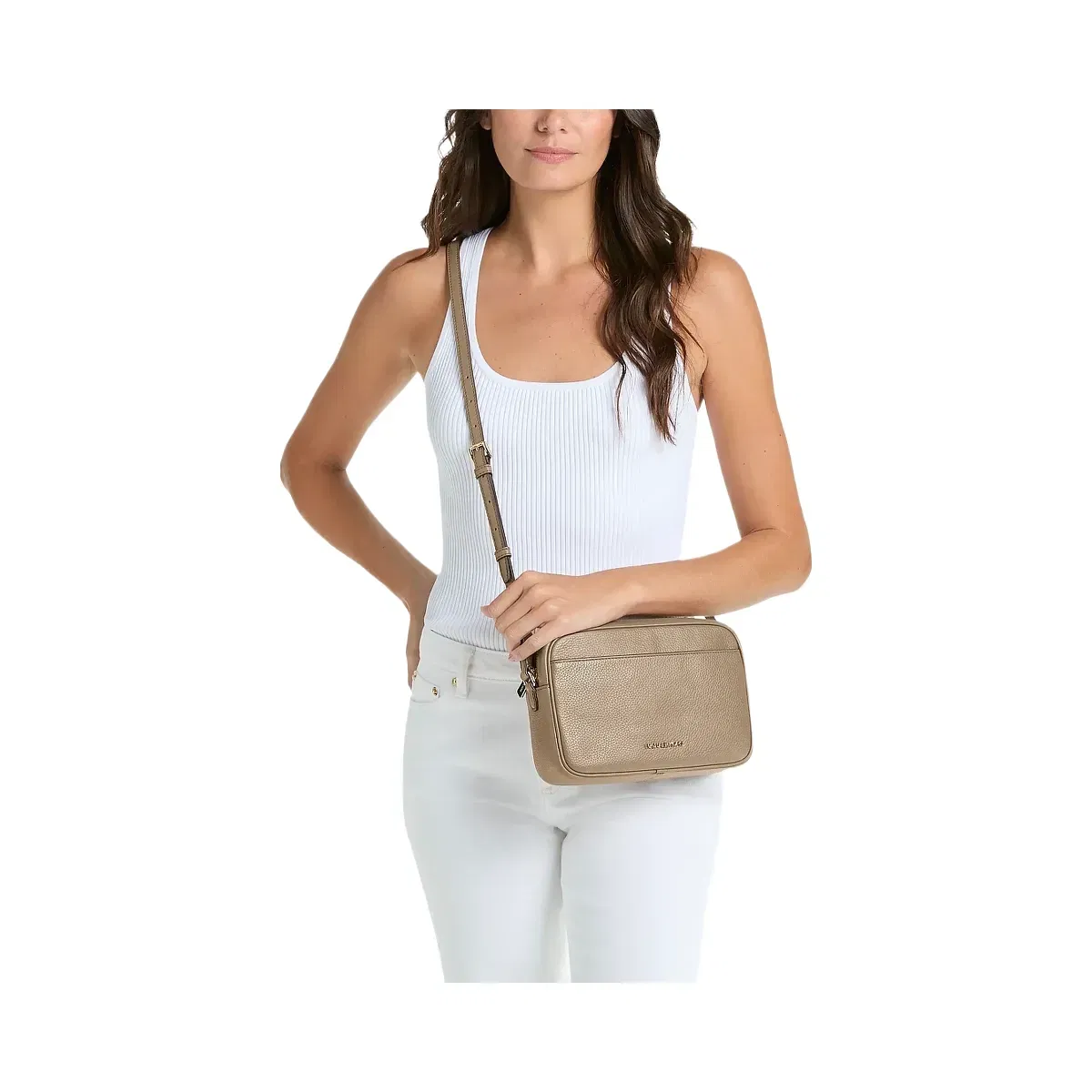 Michael Kors Jet Set Large Pebbled Leather Camera Crossbody Bag Camel