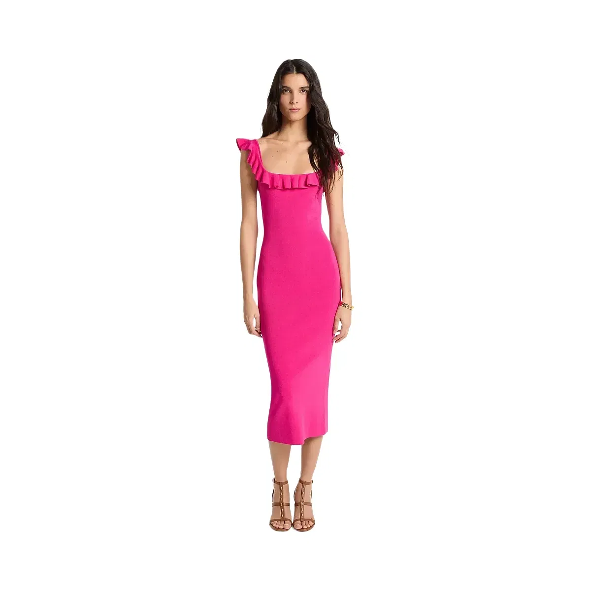 Michael Kors Ruffled Stretch Viscose Midi Dress Raspberry