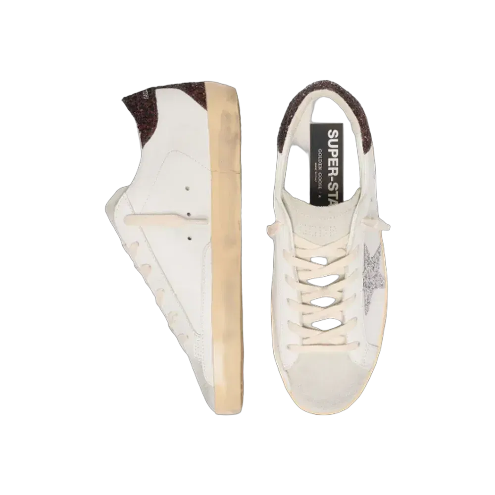 Golden Goose Super-Star With Silver Glitter Star And Brown Glitter Heel Tab