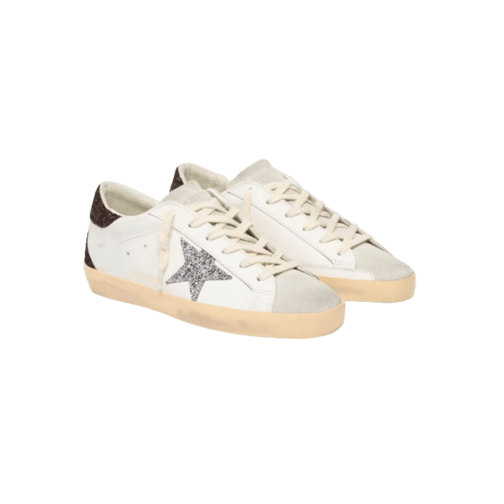 Golden Goose Super-Star With Silver Glitter Star And Brown Glitter Heel Tab