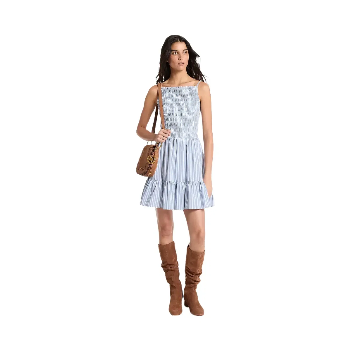 Michael Kors Striped Stretch Cotton Blend Smocked Dress Chambray