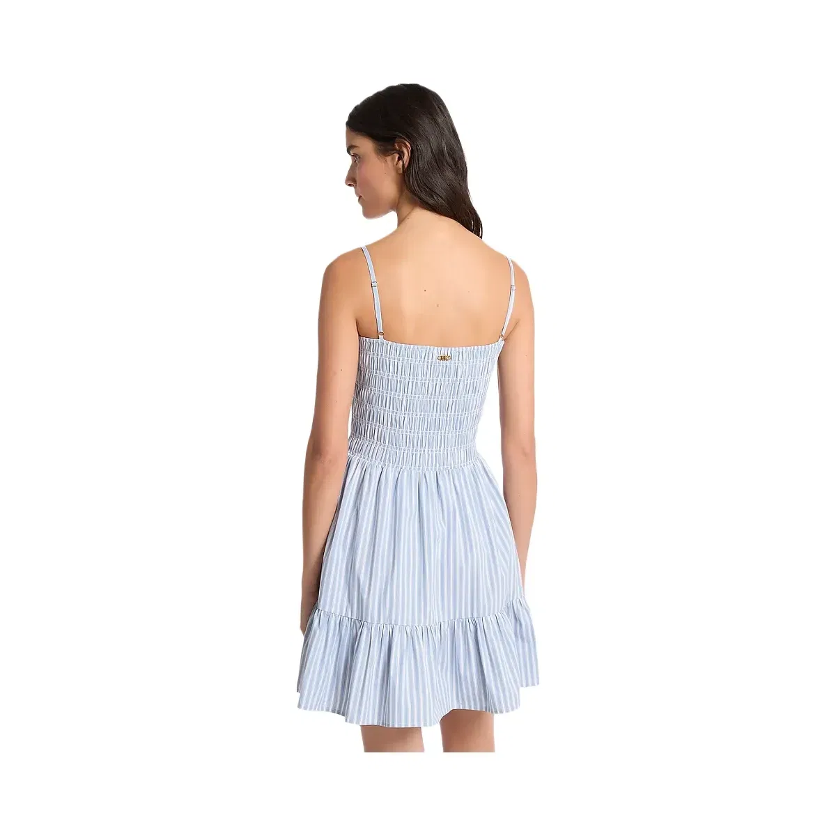 Michael Kors Striped Stretch Cotton Blend Smocked Dress Chambray