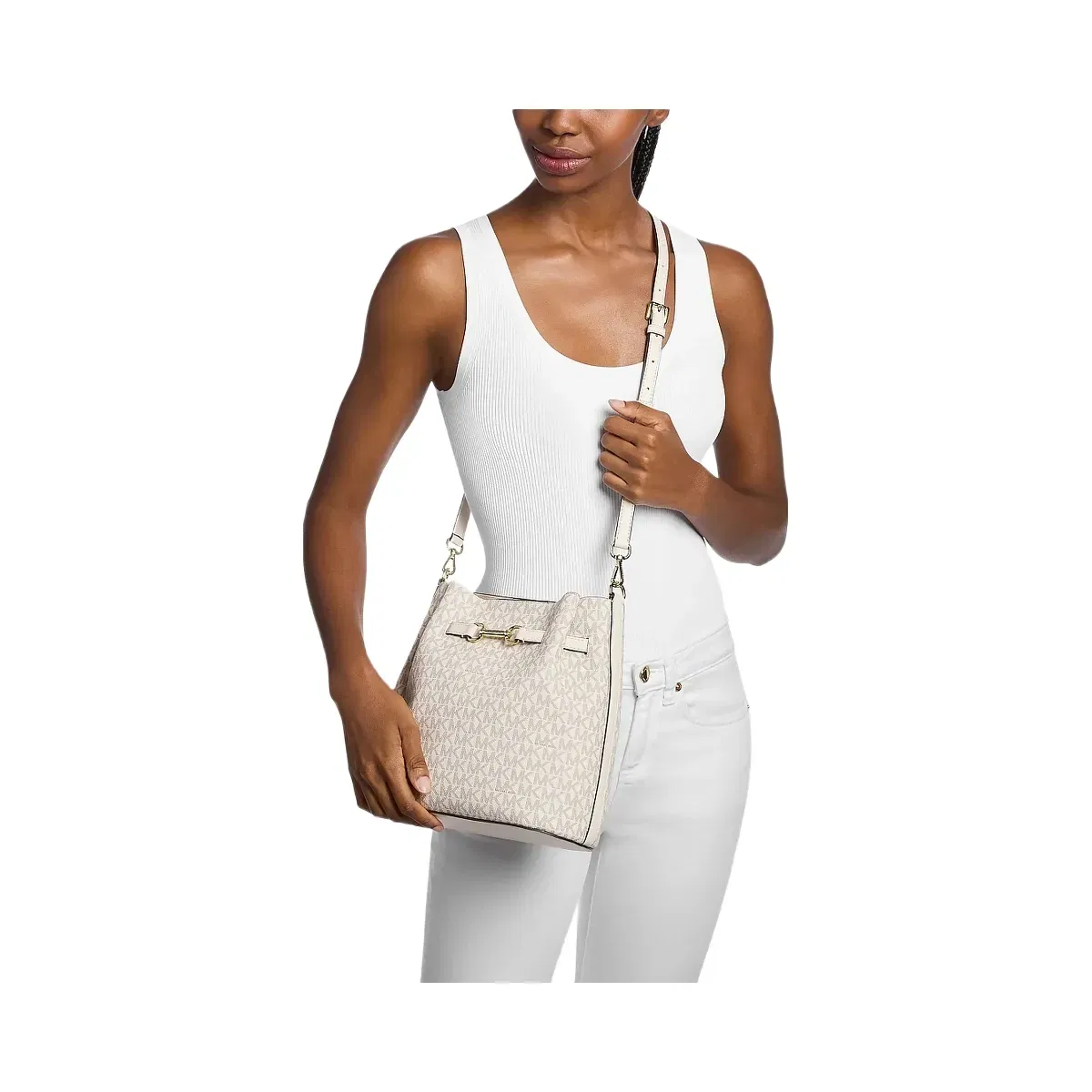 Michael Kors Carson Medium Signature Logo Convertible Bucket Crossbody Bag Lt Crm Multi