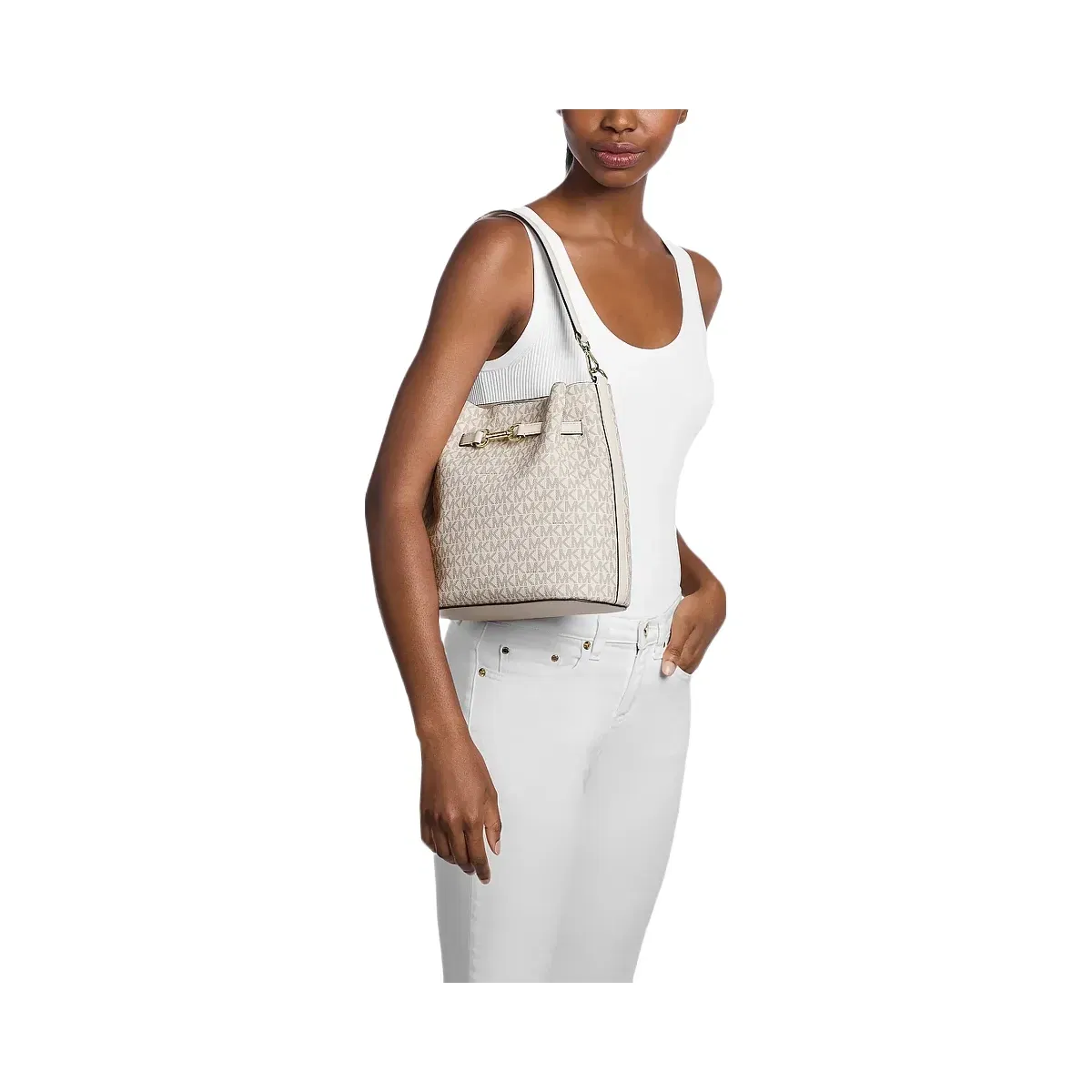 Michael Kors Carson Medium Signature Logo Convertible Bucket Crossbody Bag Lt Crm Multi