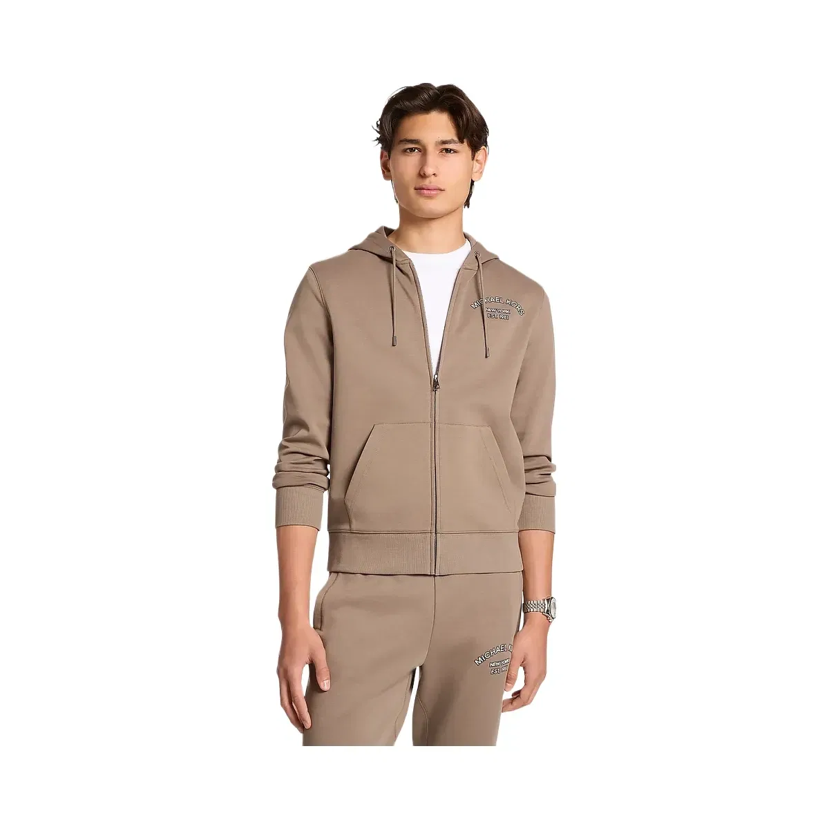 Michael Kors Logo Cotton Blend Zip-Up Hoodie Mushroom