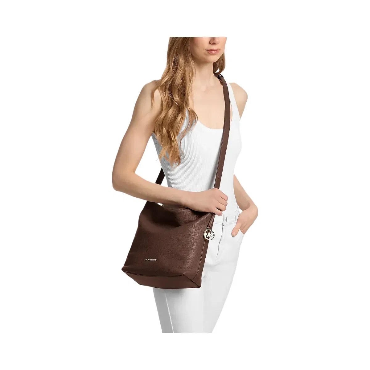Michael Kors Roey Medium Pebbled Leather Bucket Messenger Bag Nutmeg