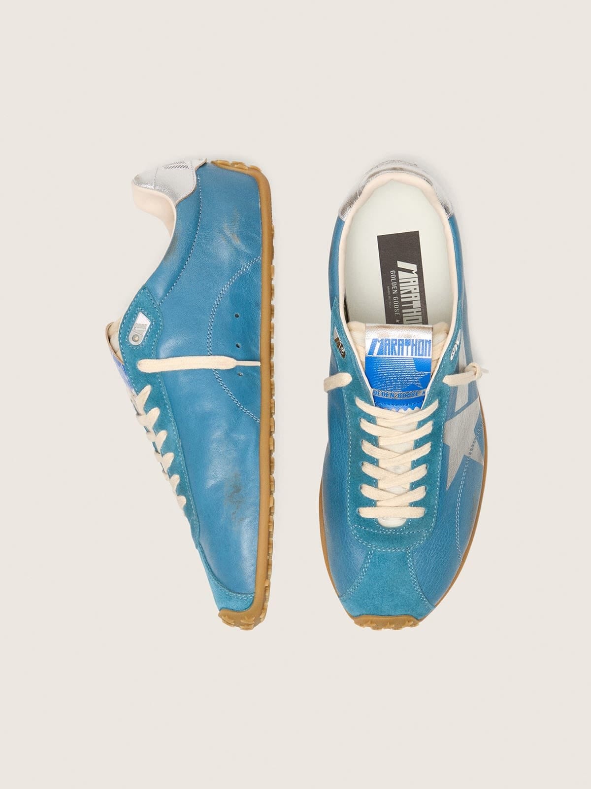 Golden Goose Mens Marathon Speed In Blue Nappa With Printed Star And Silver Leather Heel Tab Mens