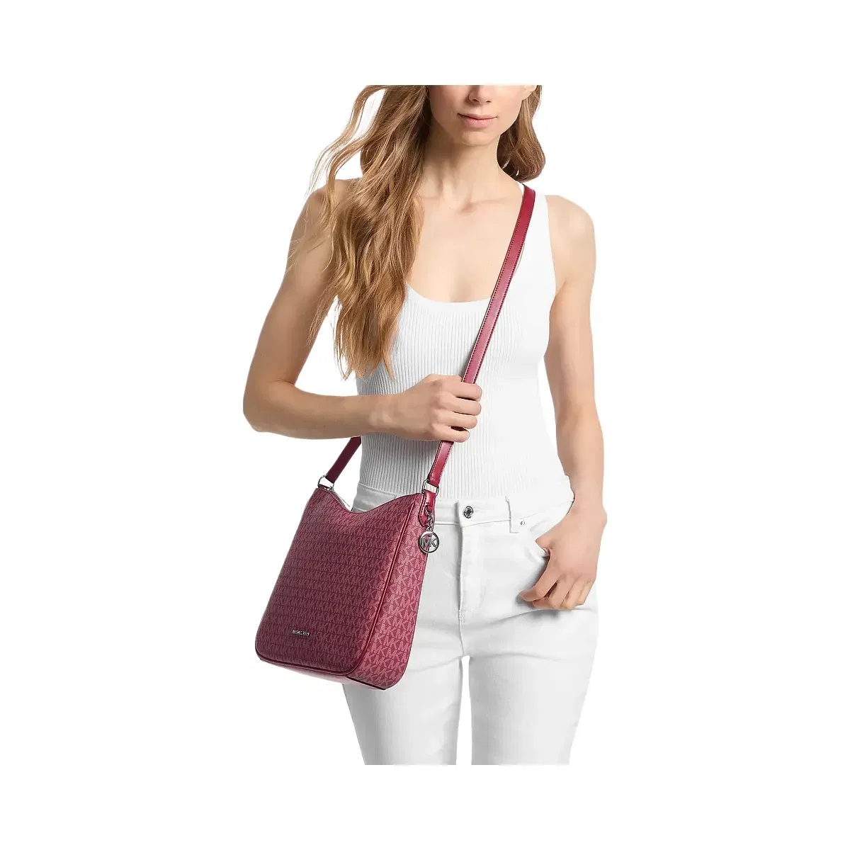 Michael Kors Nayla Medium Signature Logo Messenger Bag Maroon