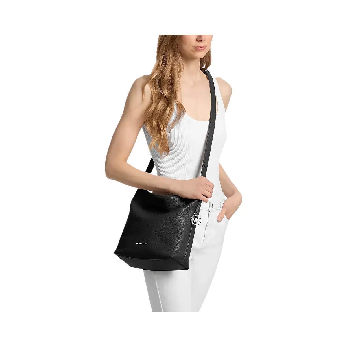 Michael Kors Roey Medium Pebbled Leather Bucket Messenger Bag Black