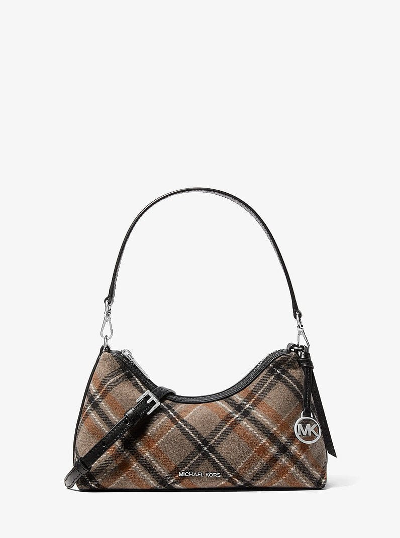 Michael Kors Sammy Small Plaid Print Wool Blend Convertible Crossbody Bag Black
