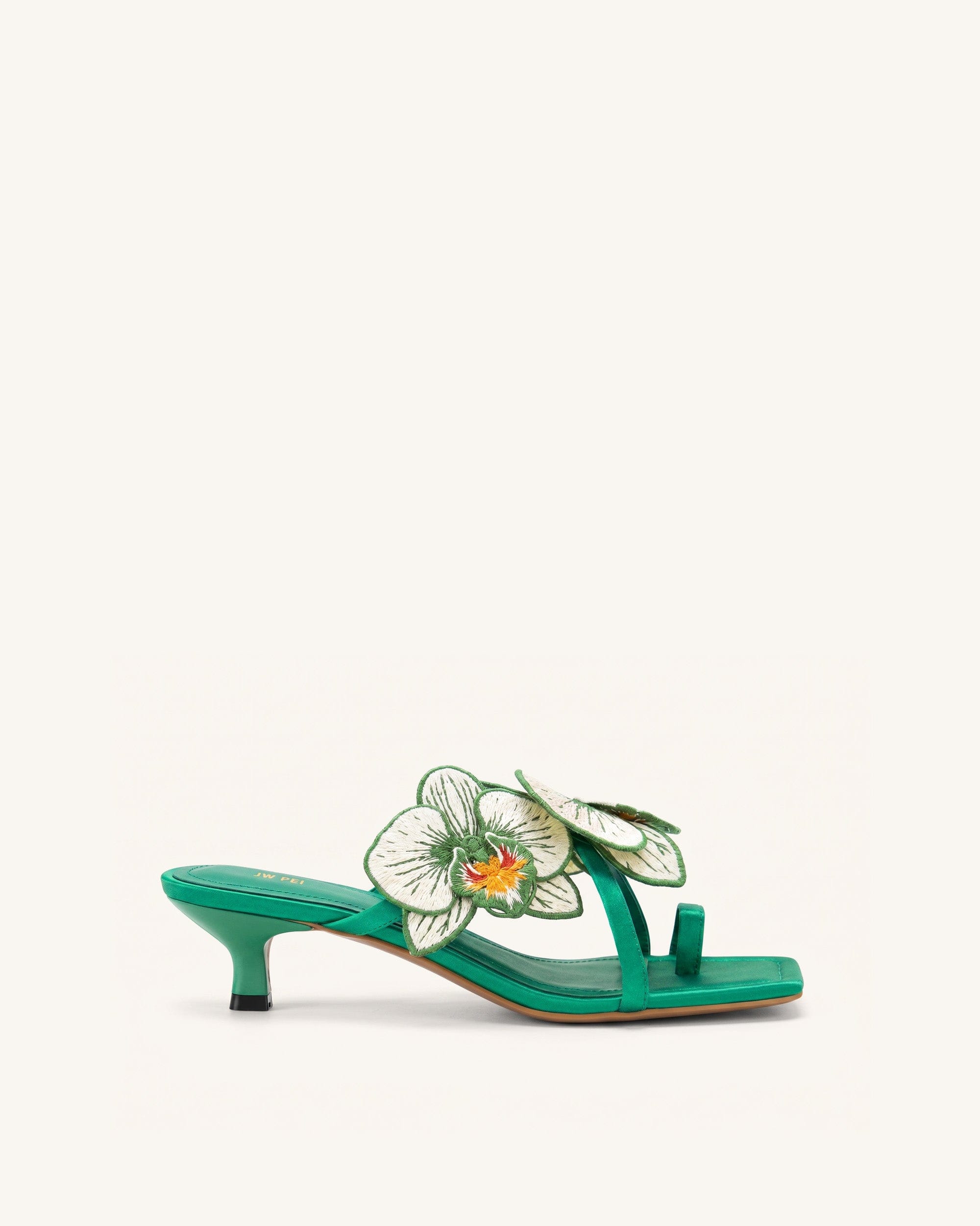 Jw Pei Serena Orchid Embroidered Toe Ring Heeled Sandals Emerald Green