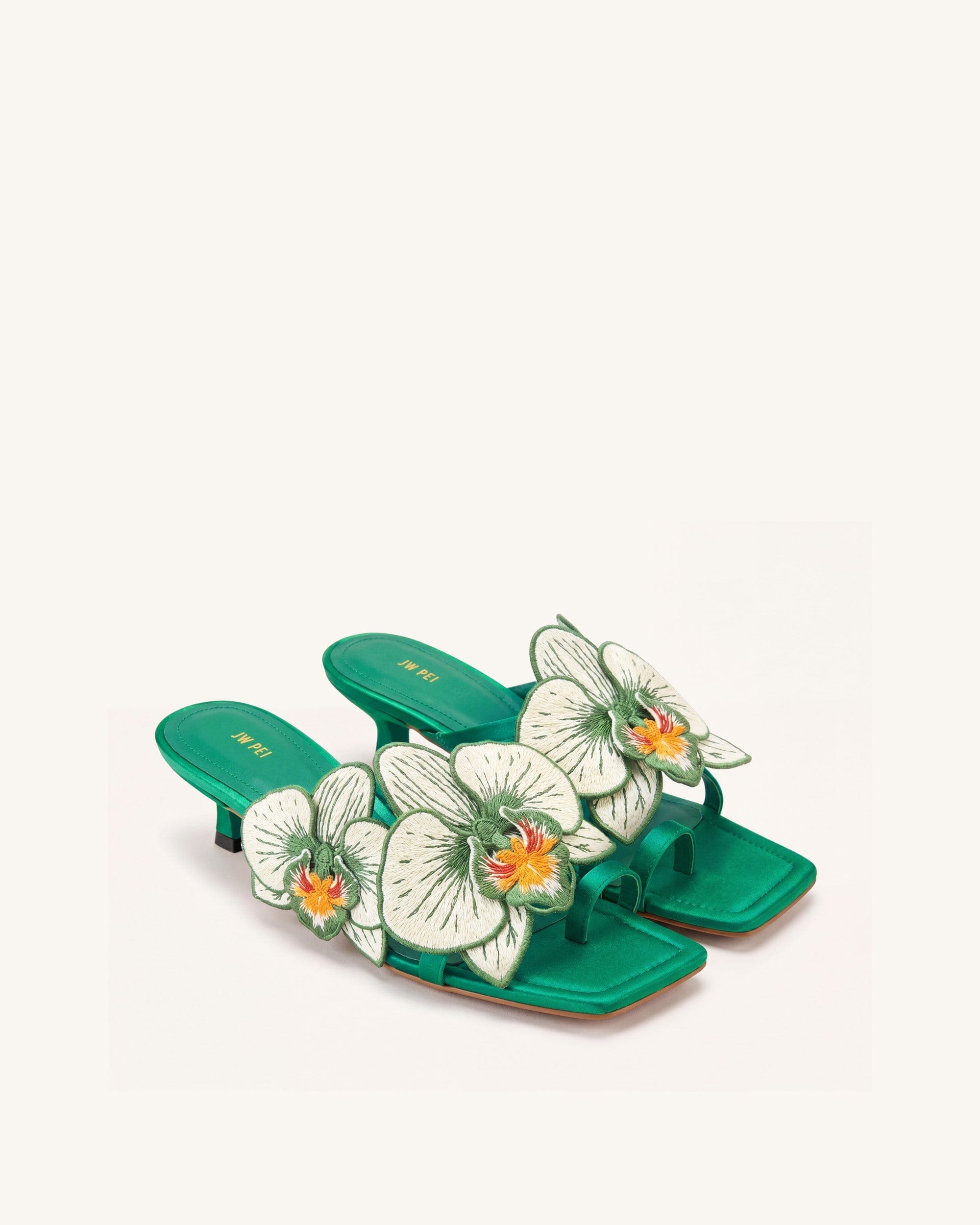 Jw Pei Serena Orchid Embroidered Toe Ring Heeled Sandals Emerald Green