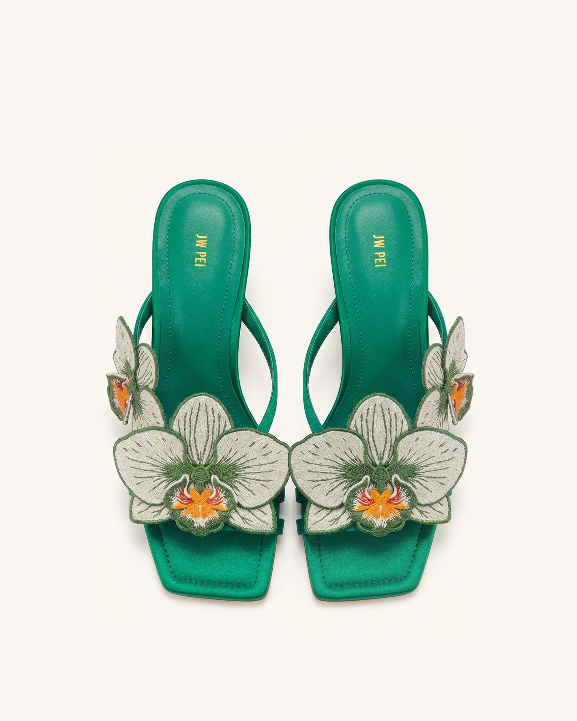 Jw Pei Serena Orchid Embroidered Toe Ring Heeled Sandals Emerald Green
