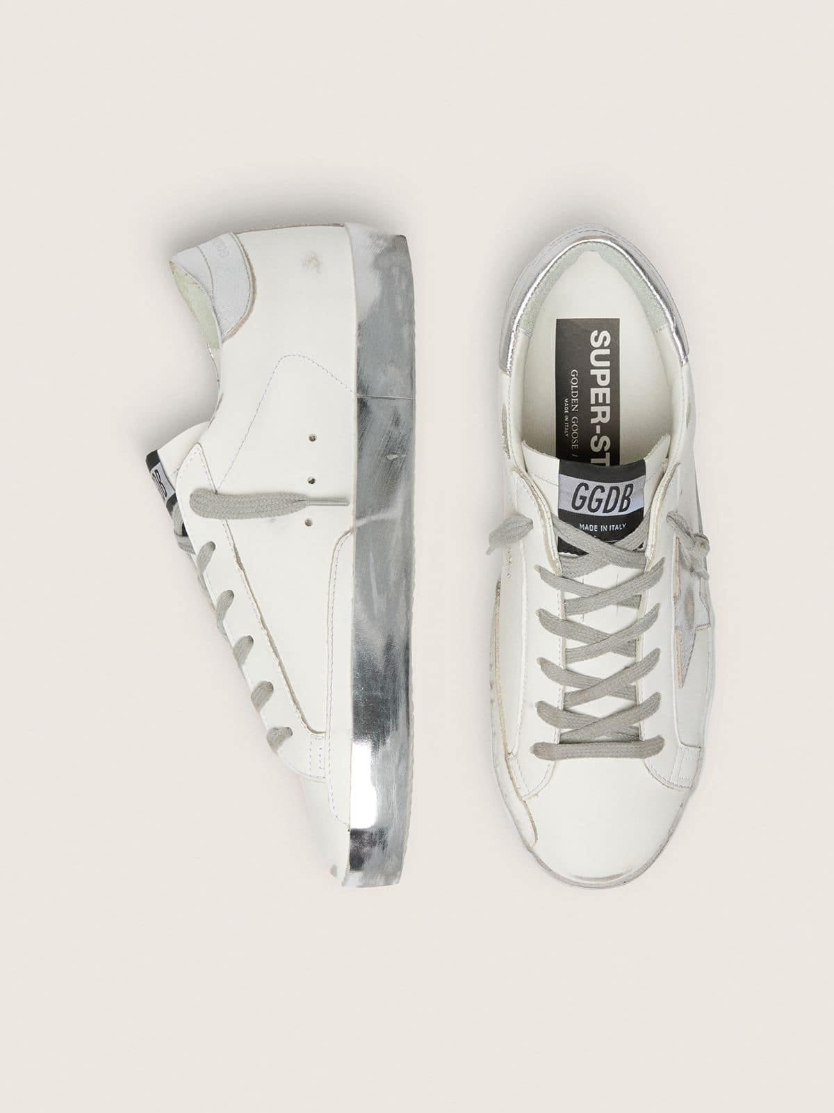 Golden Goose Womens Super-Star With Silver Sparkle Foxing And Metal Stud Lettering Womens