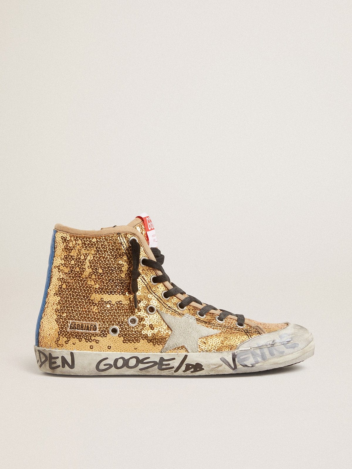Golden Goose Francy Penstar In Gold Paiettes With Suede Star And Bright Blue Heel Tab Womens