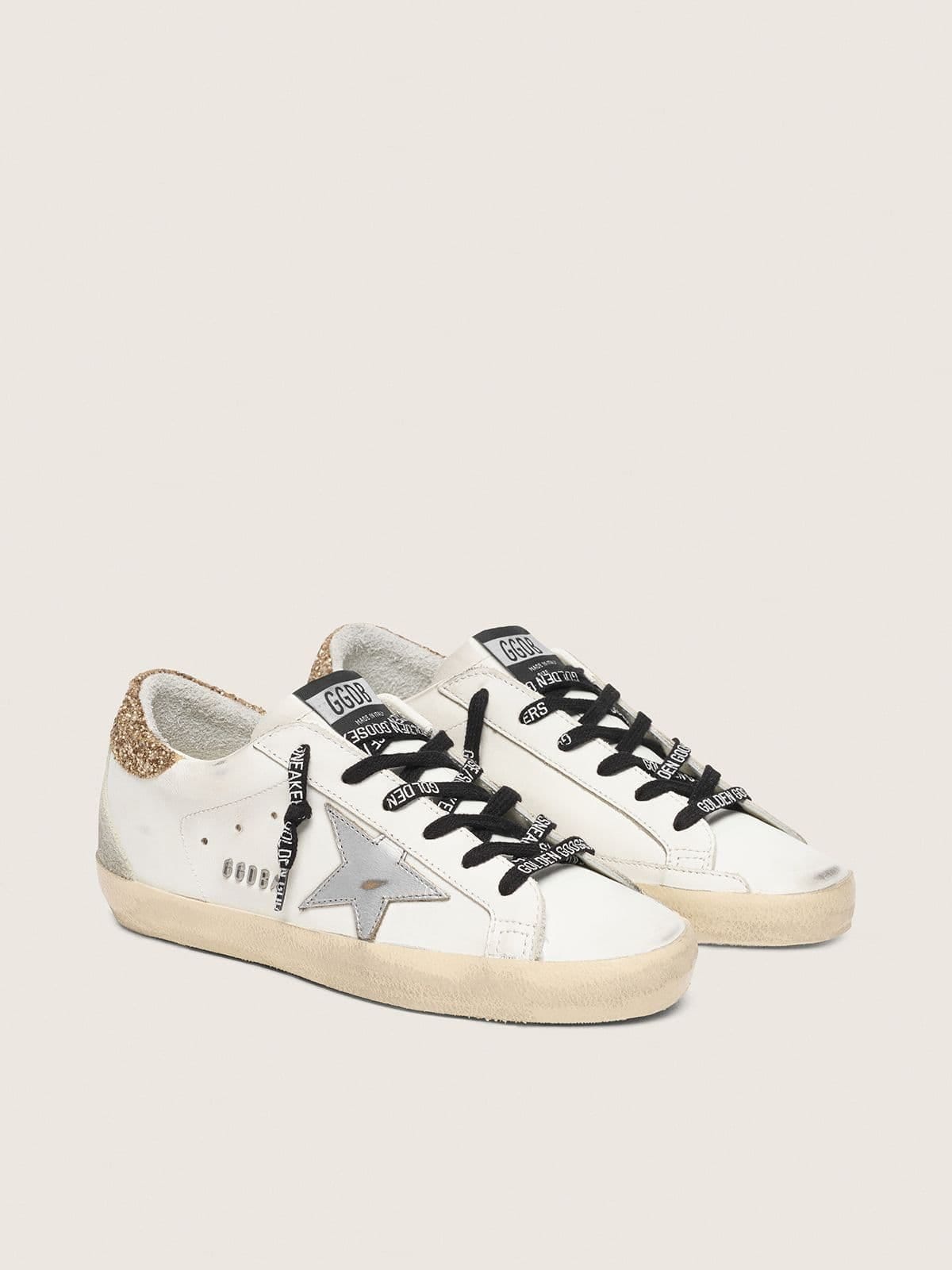 Golden Goose Womens White Leather Super-Star With Glittery Heel Tab Womens