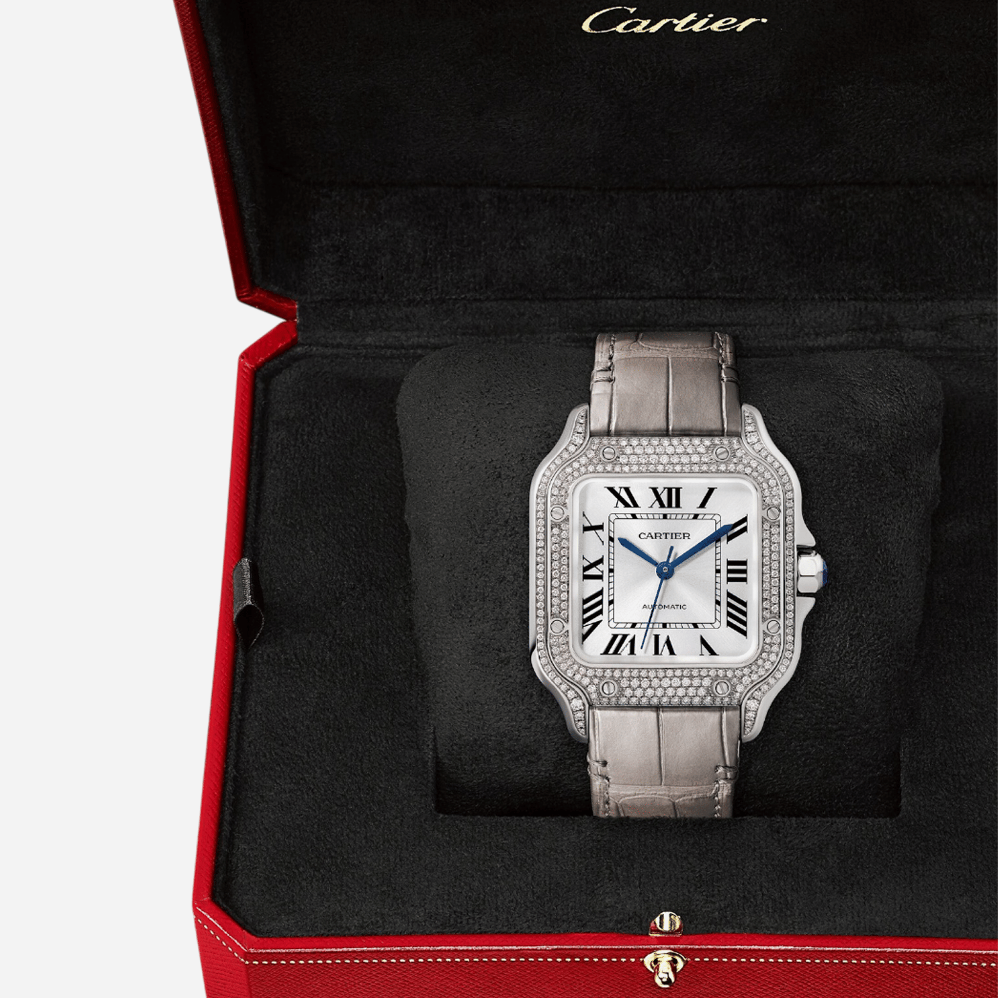 Cartier Santos De Cartier Silver Dial Leather Strap Watch - WJSA0014