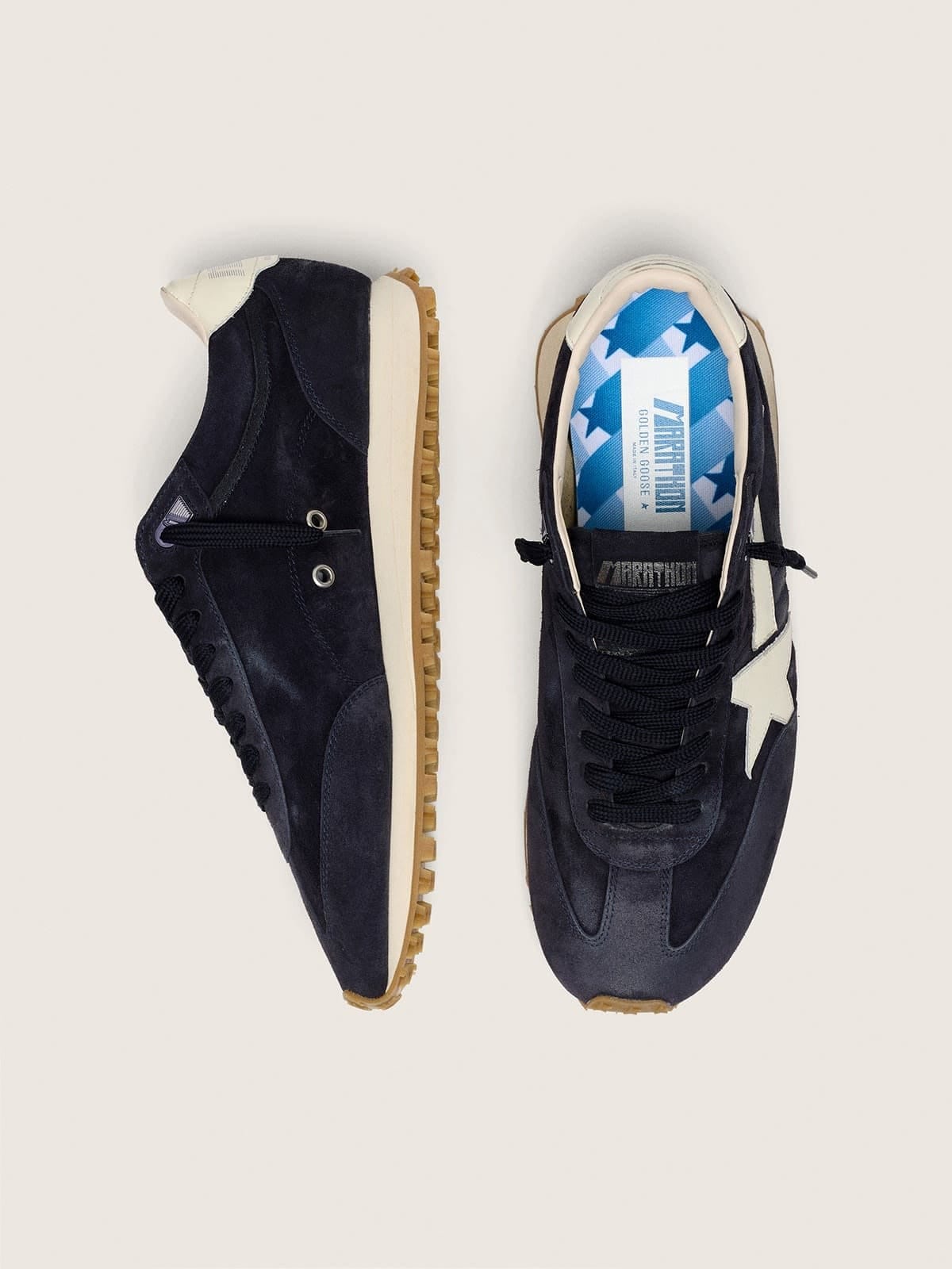 Golden Goose Mens Marathon In Blue Navy Suede With White Leather Star And Heel Tab Mens
