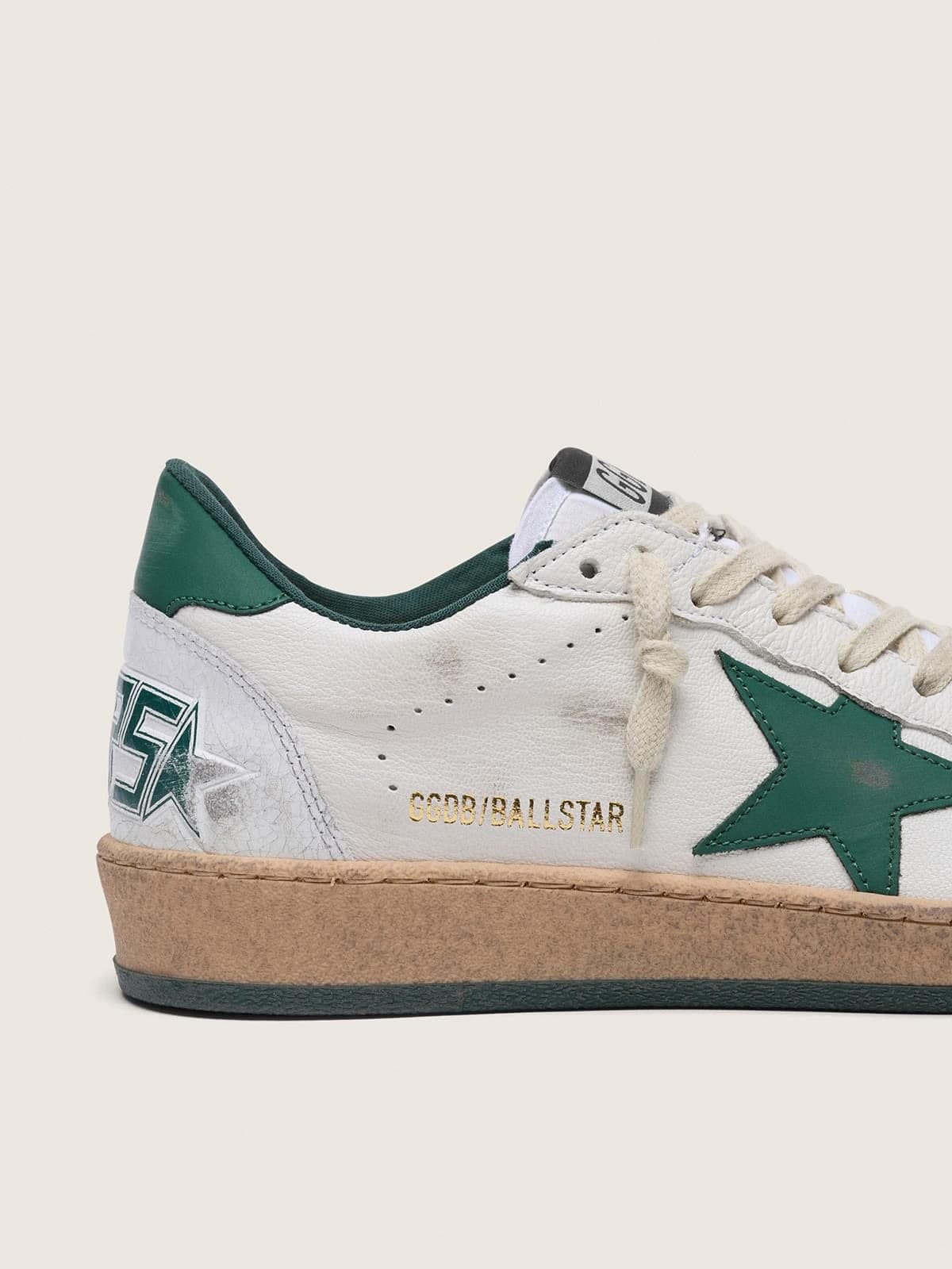 Golden Goose Womens Ball Star In White Nappa Leather With Green Leather Star And Heel Tab Womens