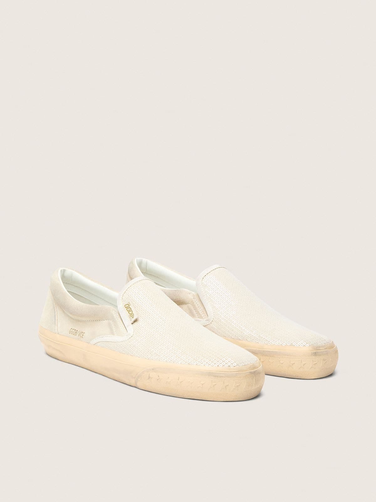 Golden Goose Mens Vce Penstar In Beige Suede And Pearl-Colored Sequins Mens