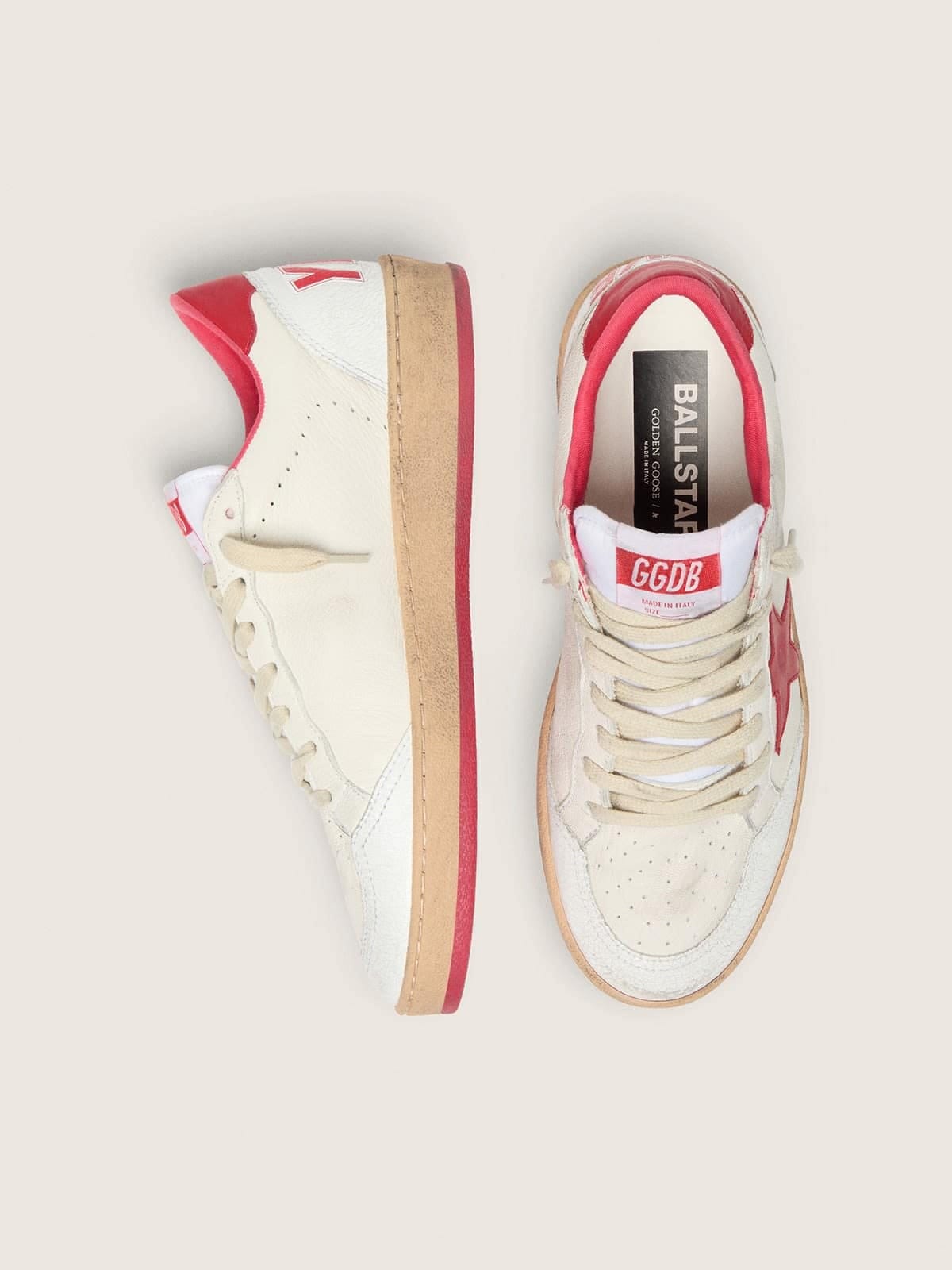 Golden Goose Mens Ball Star Wishes In White Leather With A Red Star And Heel Tab Mens