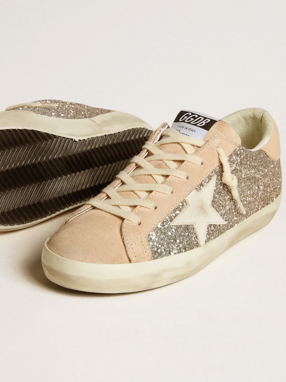 Golden Goose Womens Super-Star In Silver Glitter With Leather Star And Heel Tab Womens