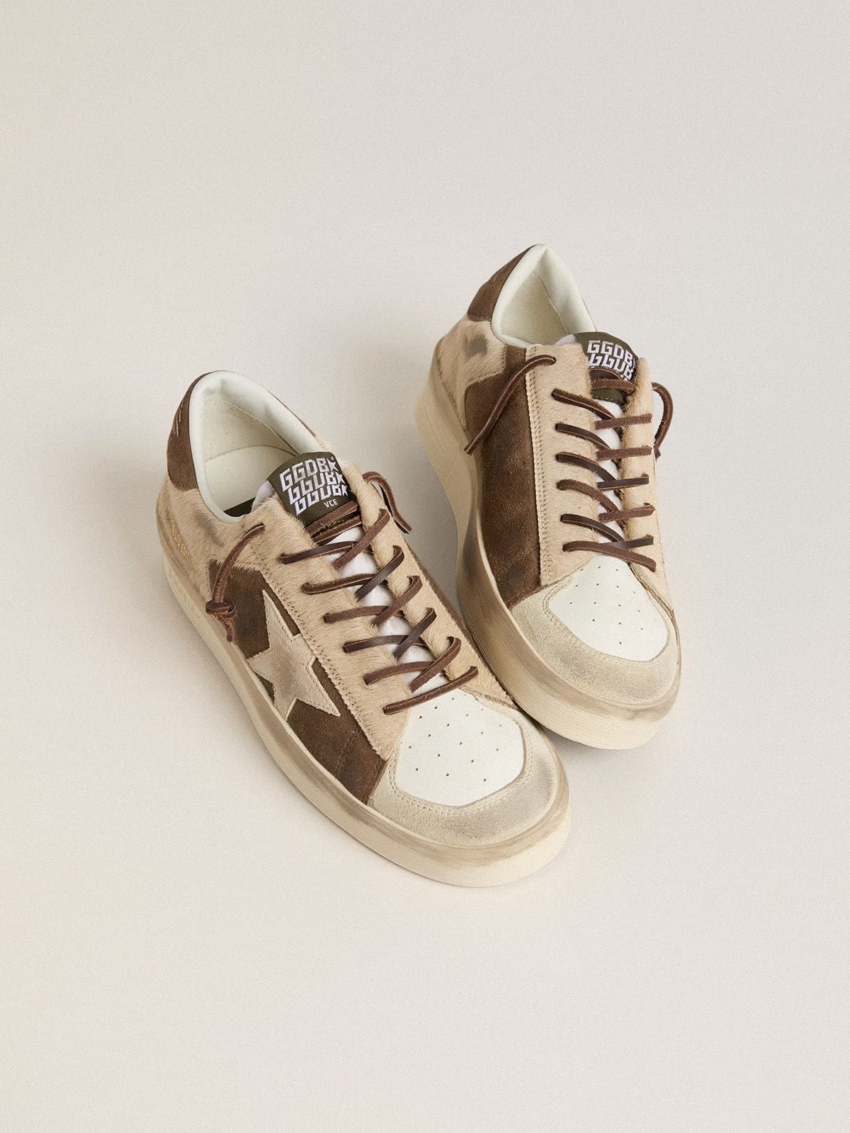 Golden Goose Womens Stardan In Military-Green Suede And Beige Pony Skin With Beige Suede Star Womens