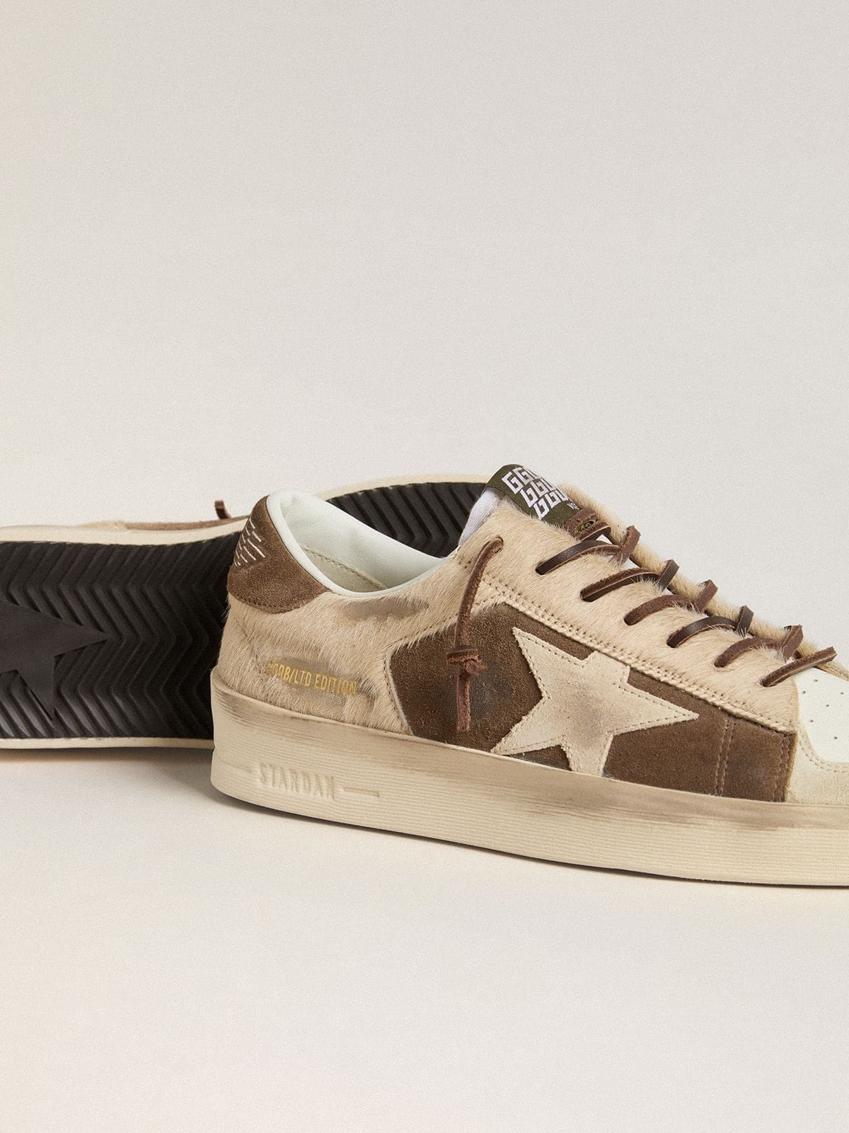 Golden Goose Womens Stardan In Military-Green Suede And Beige Pony Skin With Beige Suede Star Womens