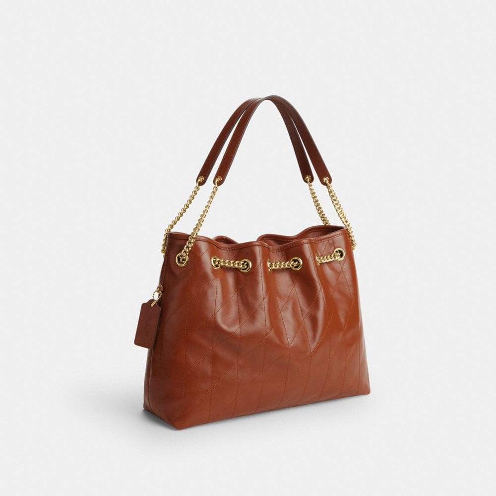 Coach Evelyn Shoulder Bag With Quilting And Charm Gold Cinnamon
