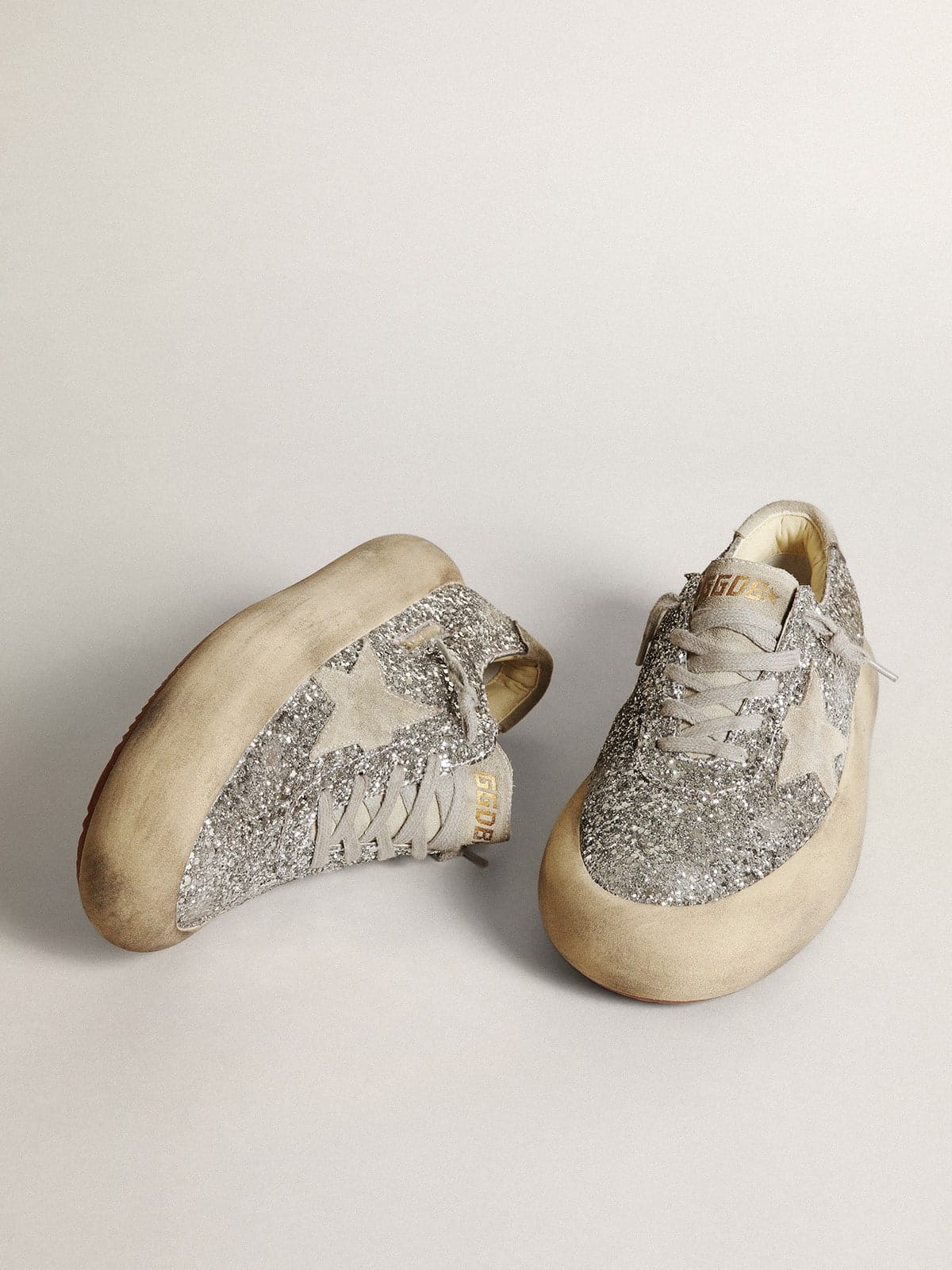 Golden Goose Womens Space-Star In Silver Glitter With Ice-Gray Star Womens
