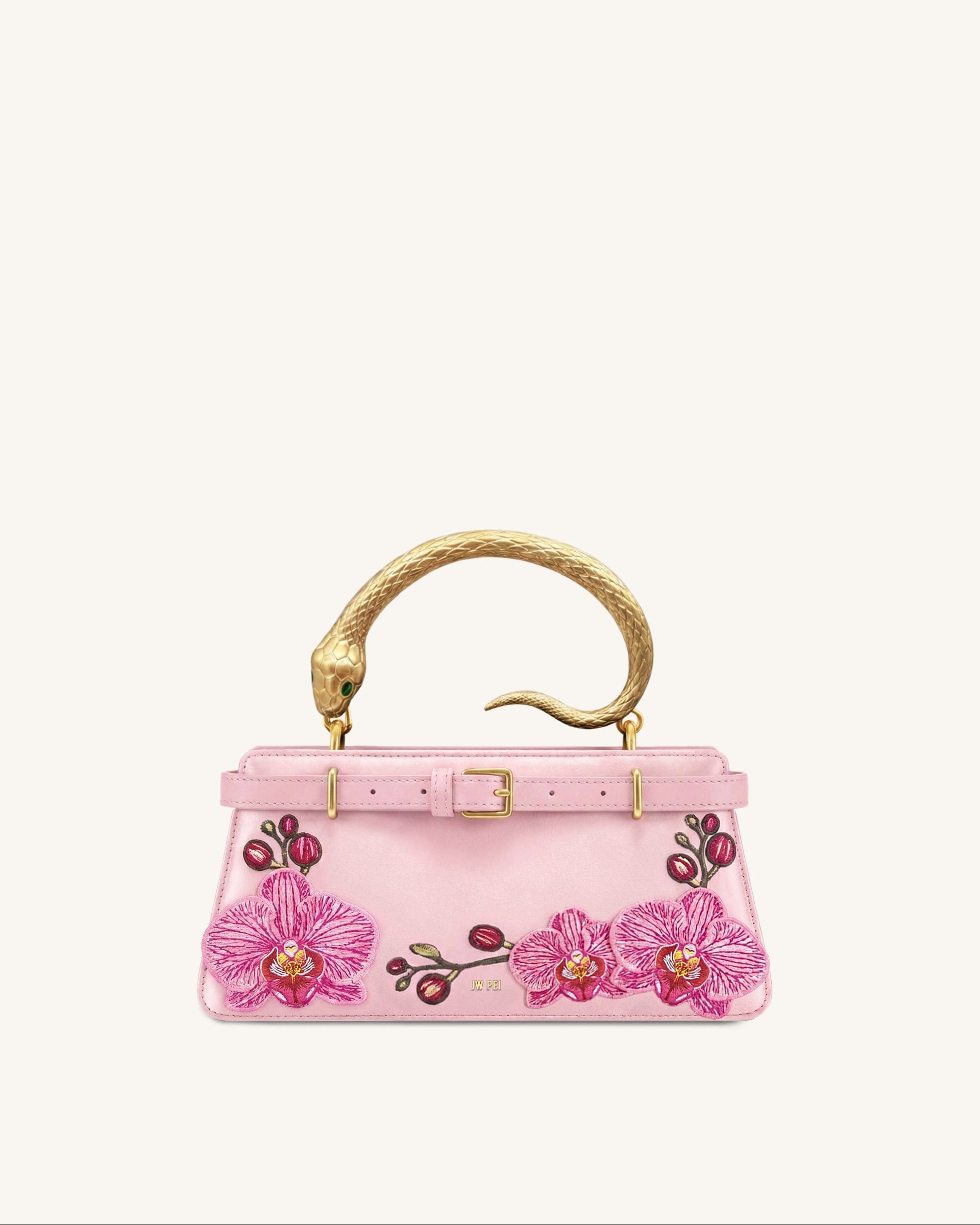 Jw Pei Elena Snake Handle Orchid Embroidered Top Handle Bag Pink