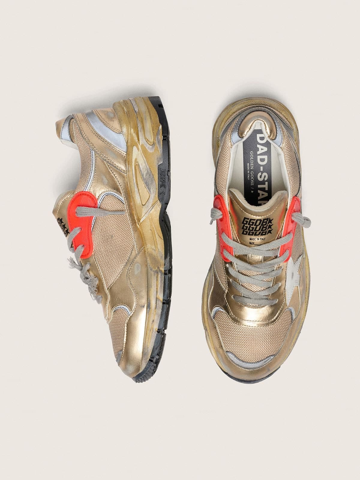 Golden Goose Womens Dad-Star In Gold Laminated Leather And Mesh With White Leather Star And Gold Leather Heel Tab Womens