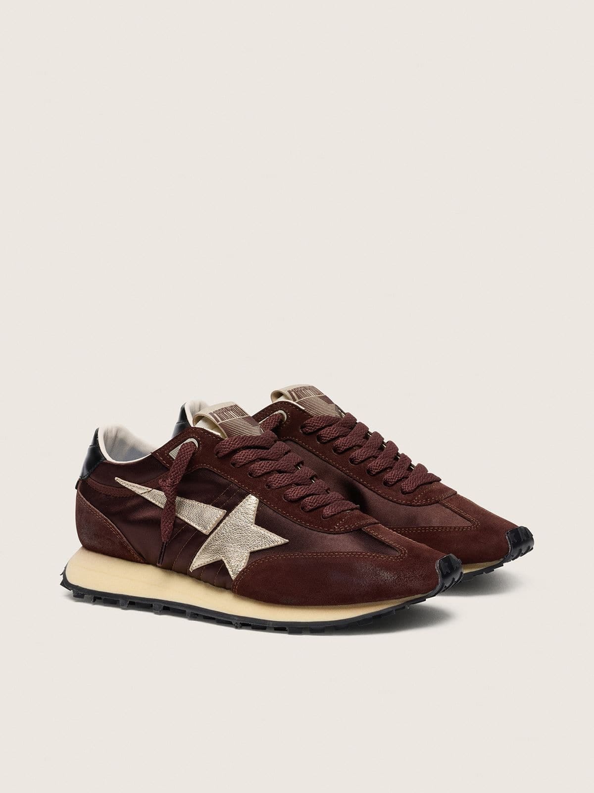 Golden Goose Mens Marathon With Brown Satin Upper And Platinum Leather Star Mens