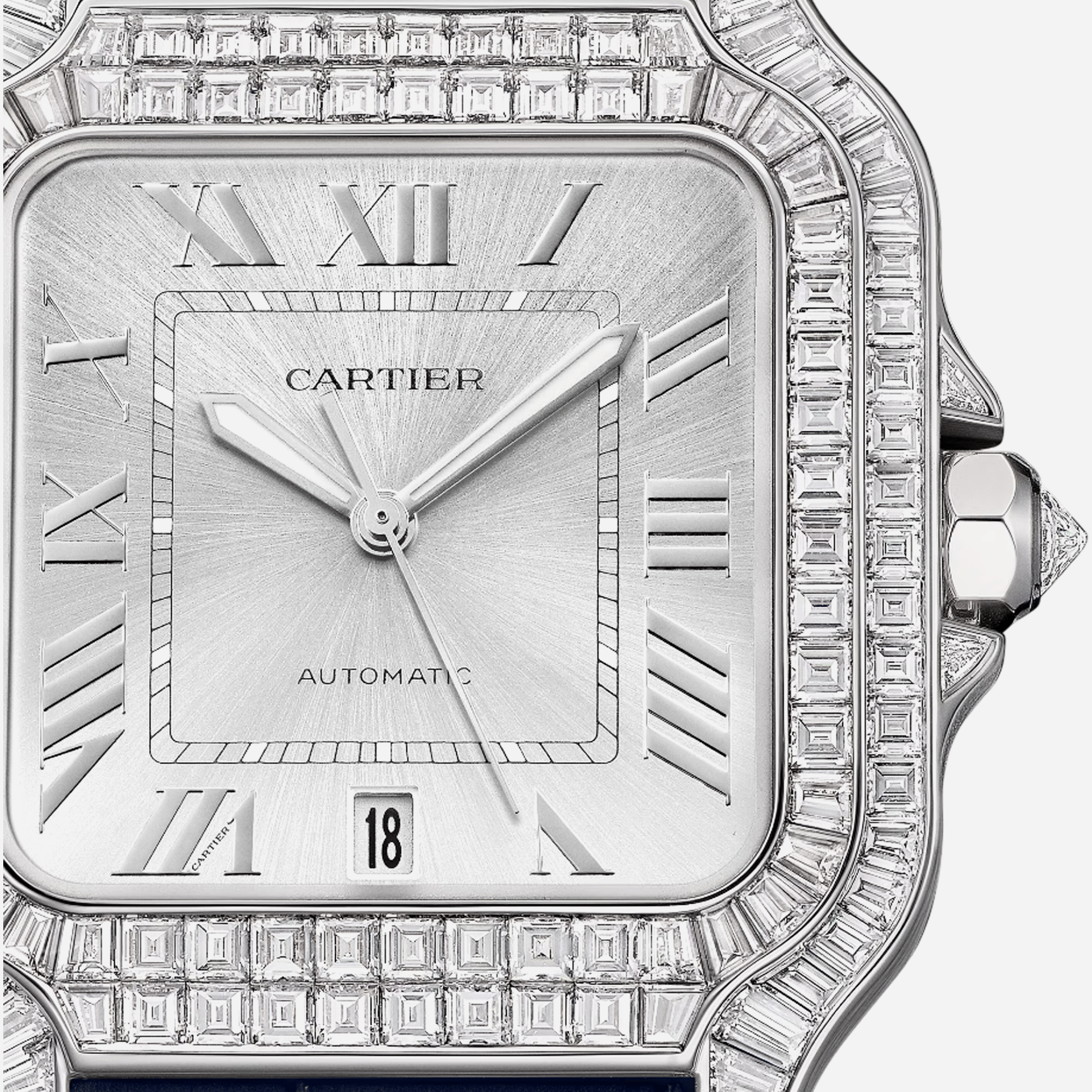 Cartier Santos De Cartier Silver Dial Navy Leather Strap Watch - HPI01687