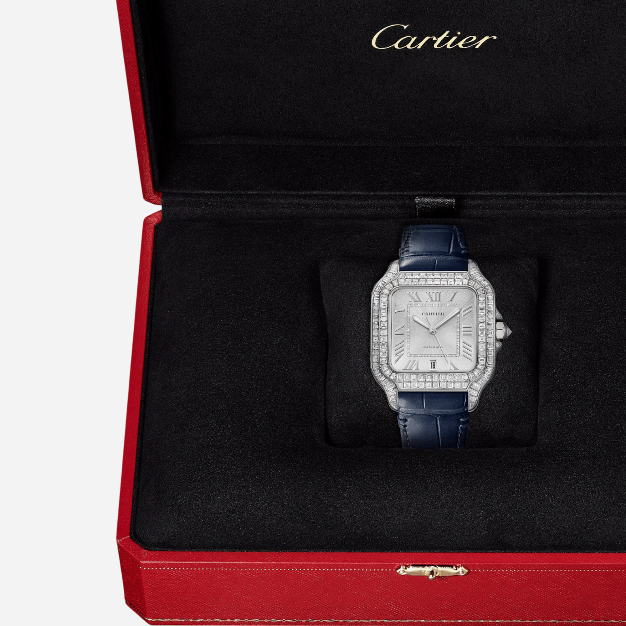 Cartier Santos De Cartier Silver Dial Navy Leather Strap Watch - HPI01687