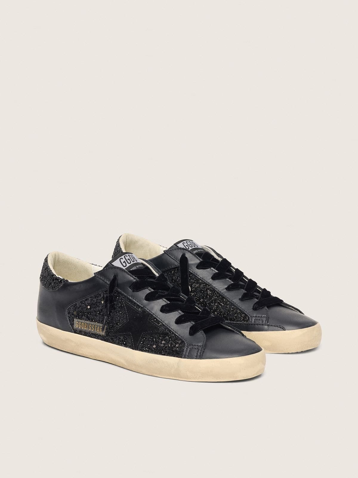 Golden Goose Womens Super-Star In Black Glitter With Black Suede Star And Leather Inserts Womens