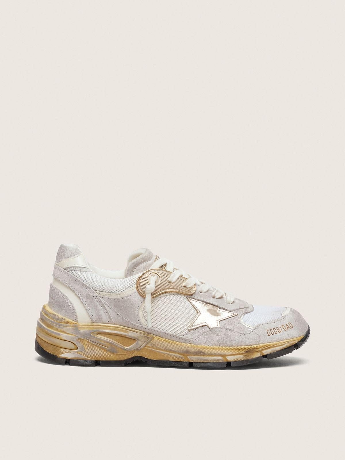 Golden Goose Mens Dad-Star In Mesh And White Suede With Gold Foiled Leather Star Mens