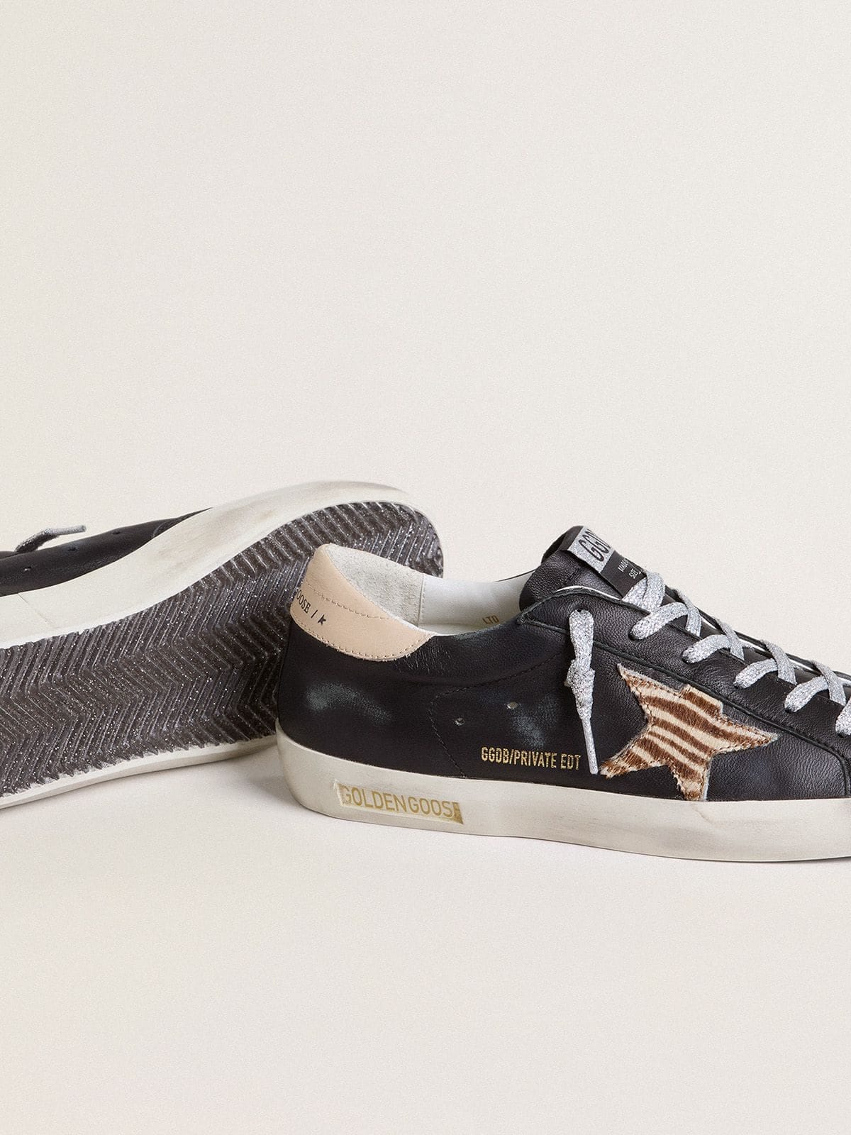 Golden Goose Womens Super-Star In Black Nappa Leather With Zebra-Print Pony Skin Star And Beige Leather Heel Tab Womens