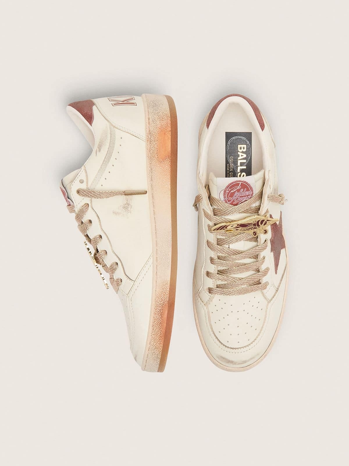 Golden Goose Womens Ball Star In White Leather With Rust Leather Star And Heel Tab Womens