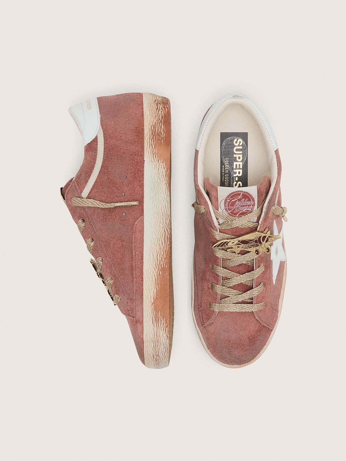 Golden Goose Womens Super-Star In Rust Suede With Metallic Platinum Leather Star Womens
