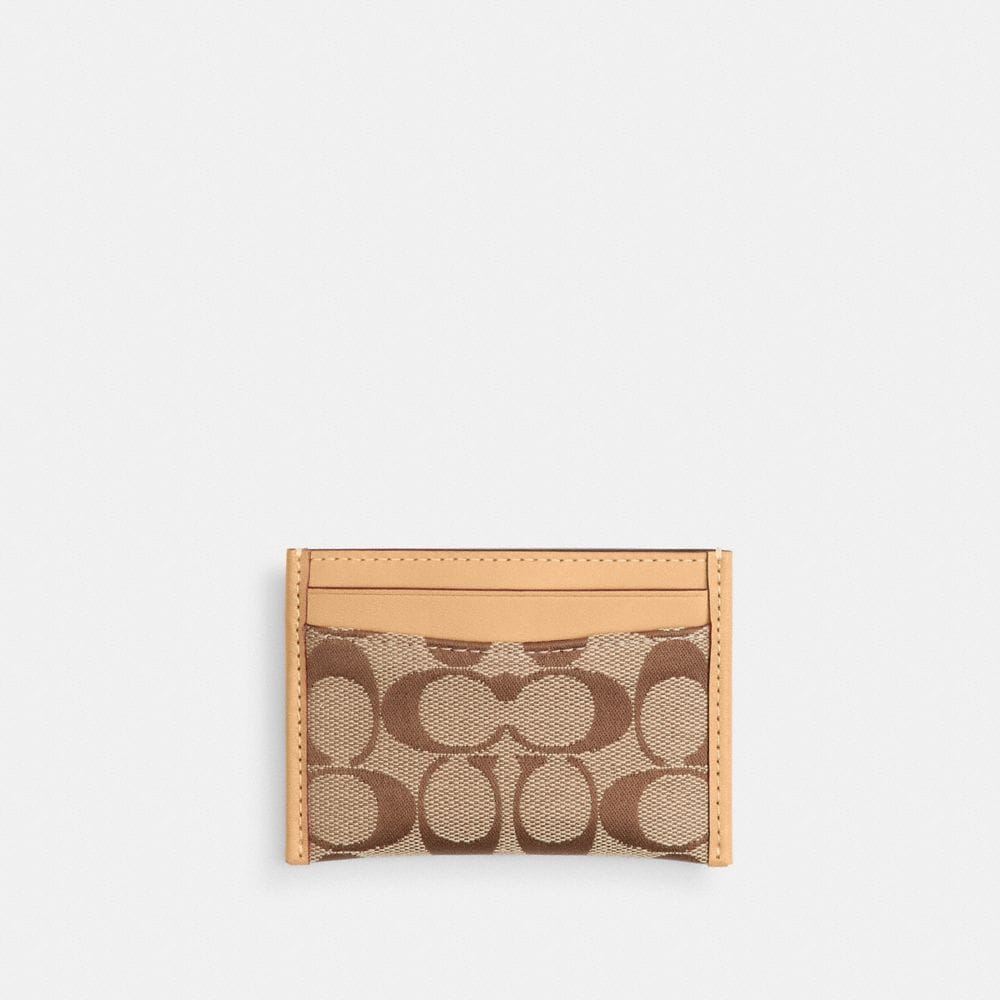 Coach Essential Card Case In Signature Jacquard Brass Khaki Light Peach
