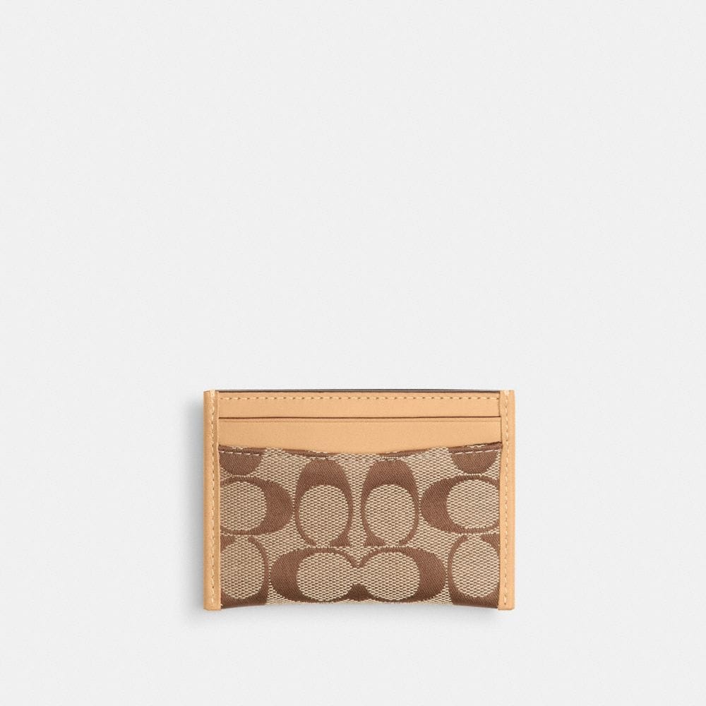 Coach Essential Card Case In Signature Jacquard Brass Khaki Light Peach